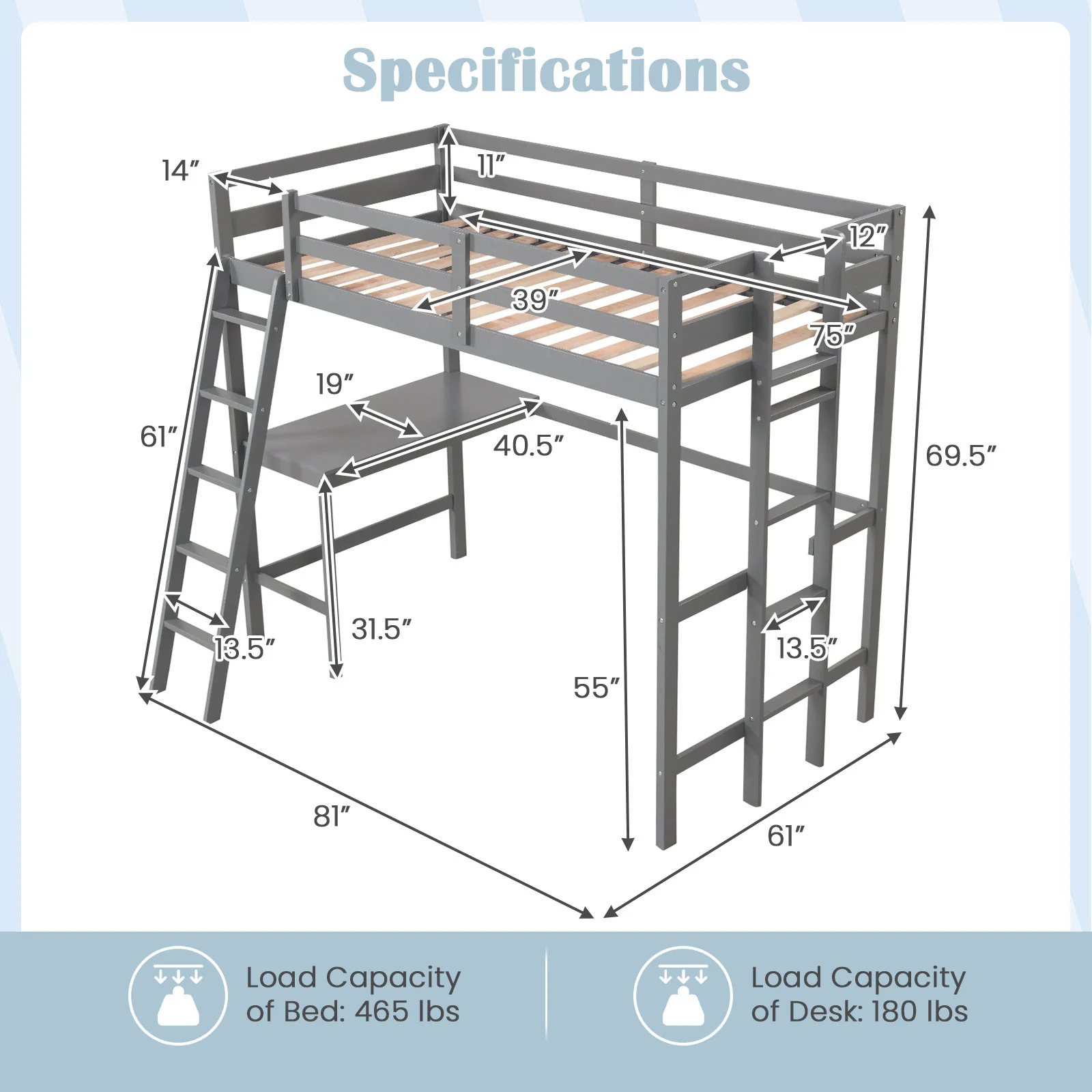 Twin Size Loft Bed Frame With Desk, Angled Ladder, Gray - Image 5