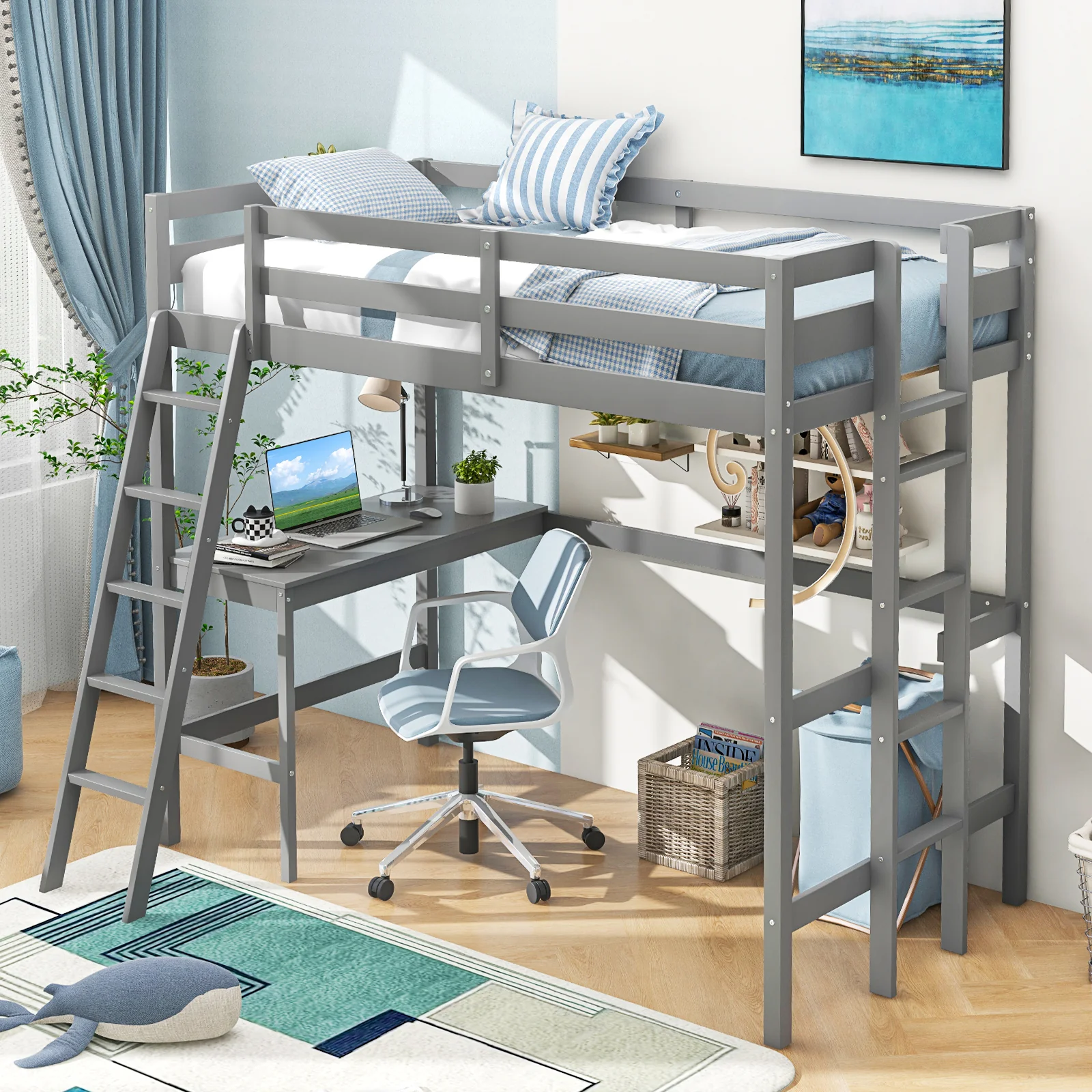 Twin Size Loft Bed Frame With Desk, Angled Ladder, Gray - Image 7