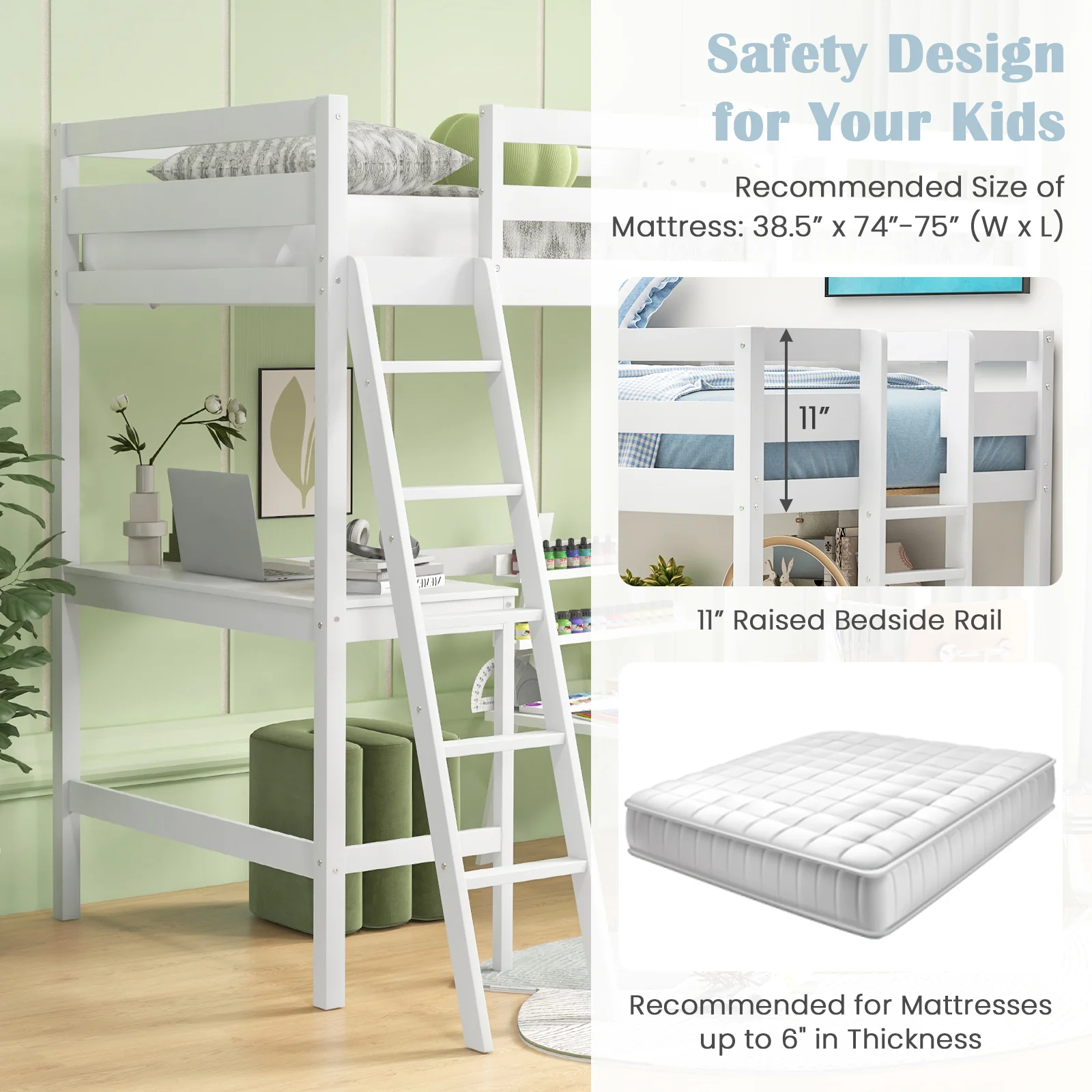 Twin Size Loft Bed Frame With Desk, Angled Ladder, White - Image 10