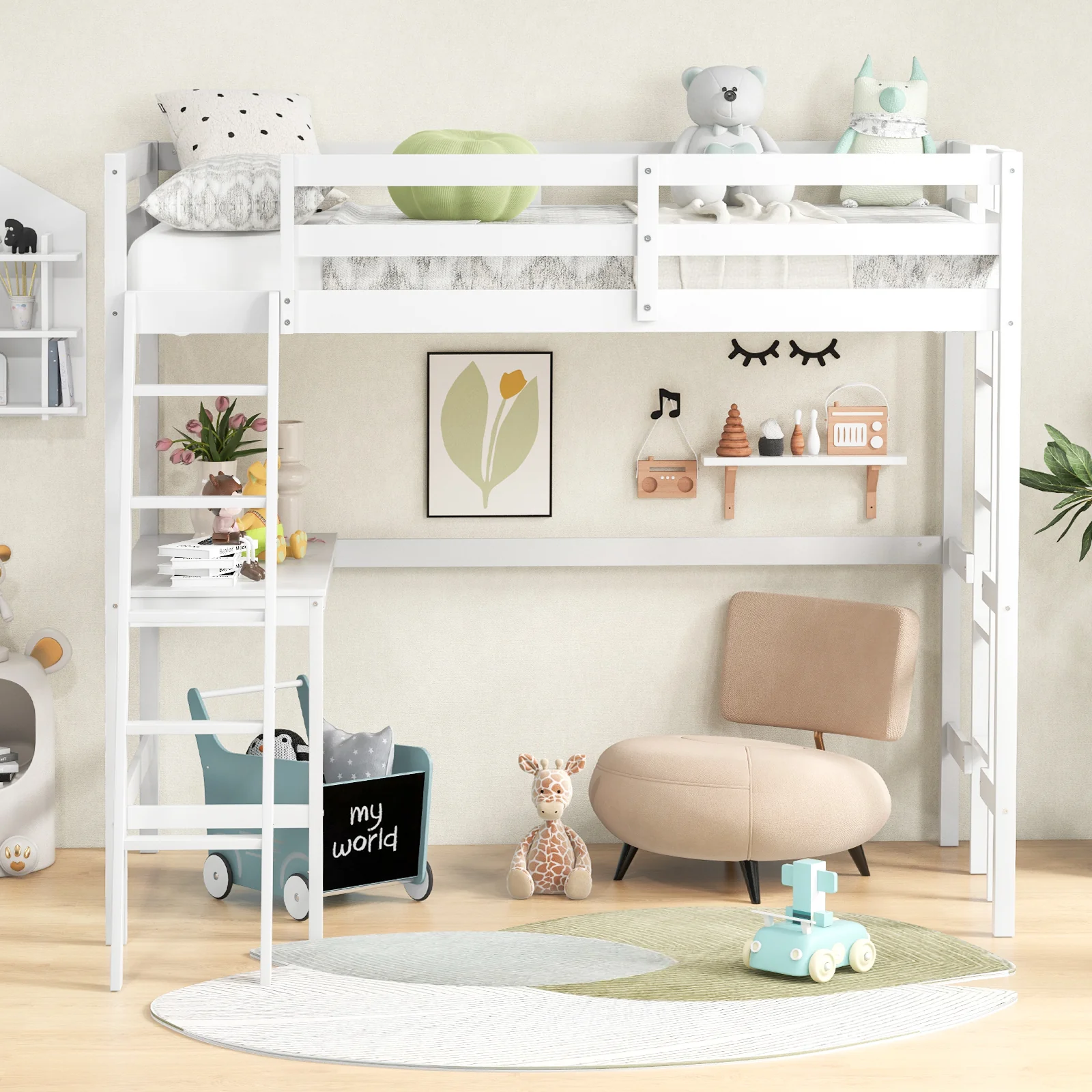 Twin Size Loft Bed Frame With Desk, Angled Ladder, White - Image 2