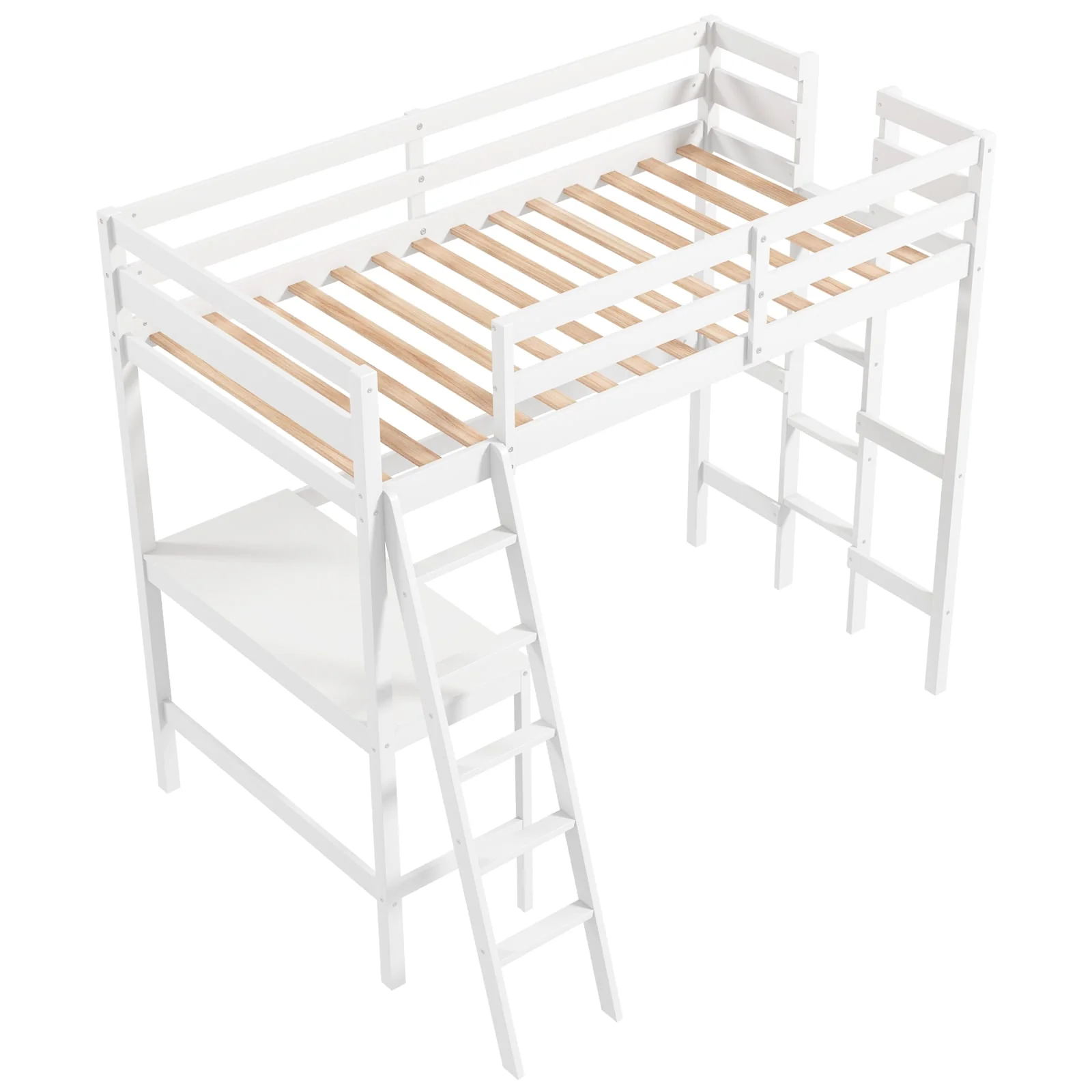 Twin Size Loft Bed Frame With Desk, Angled Ladder, White - Image 4