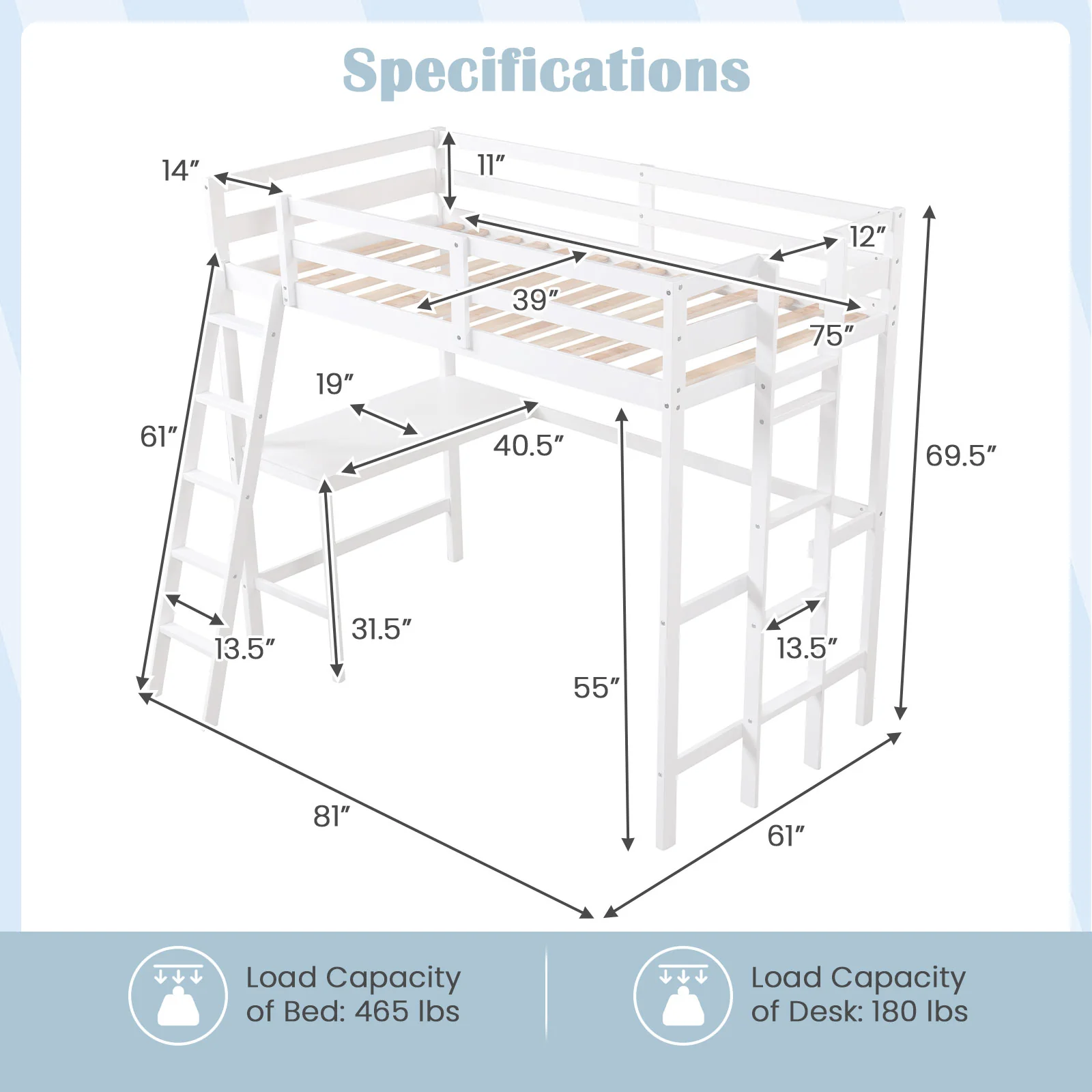 Twin Size Loft Bed Frame With Desk, Angled Ladder, White - Image 5
