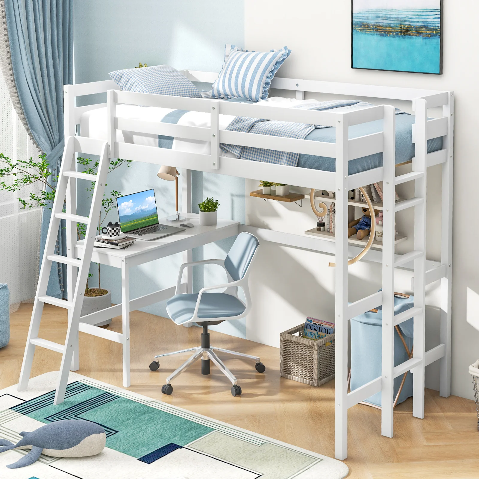 Twin Size Loft Bed Frame With Desk, Angled Ladder, White - Image 7