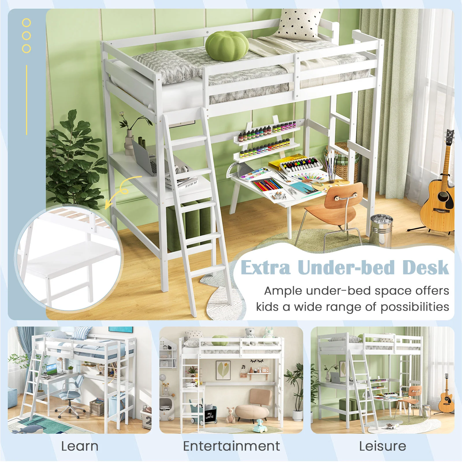 Twin Size Loft Bed Frame With Desk, Angled Ladder, White - Image 9