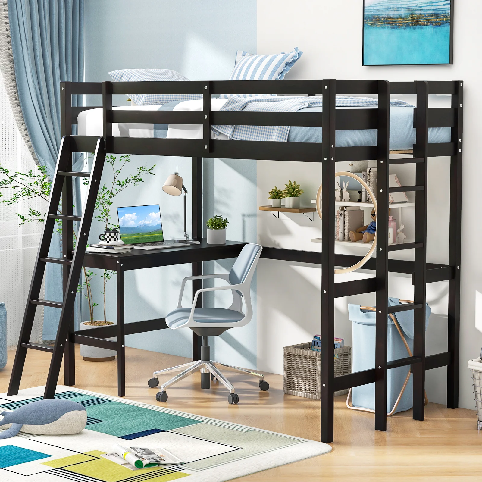 Twin Size Loft Bed Frame With Desk, Dark Brown - Image 6