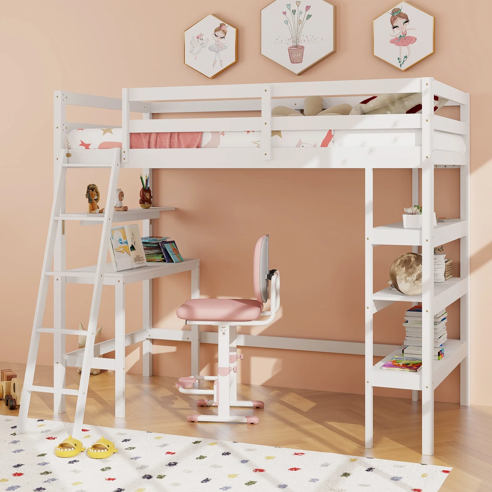 Twin Size Loft Bed With Desk, Bookshelves, White - Image 2