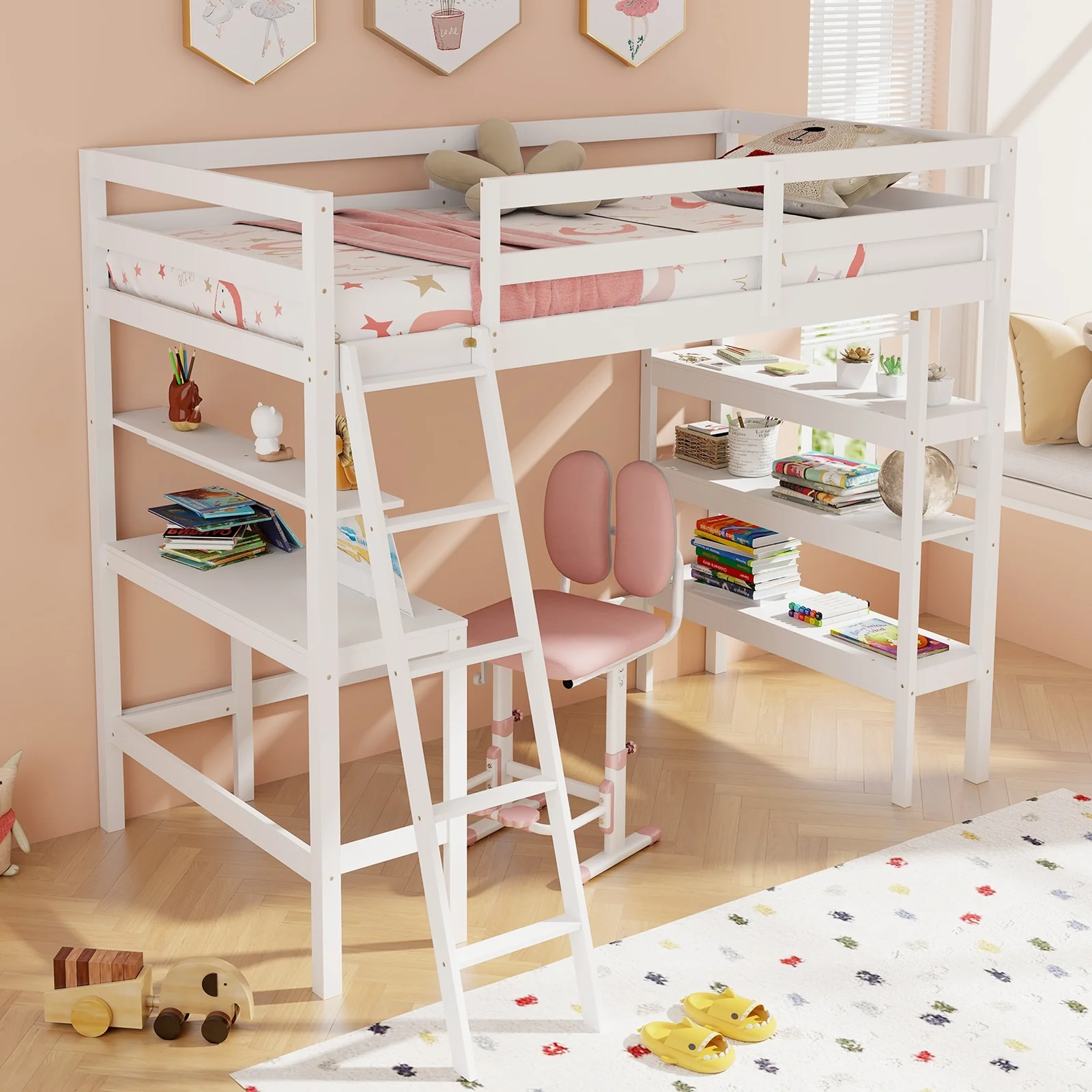Twin Size Loft Bed With Desk, Bookshelves, White - Image 3