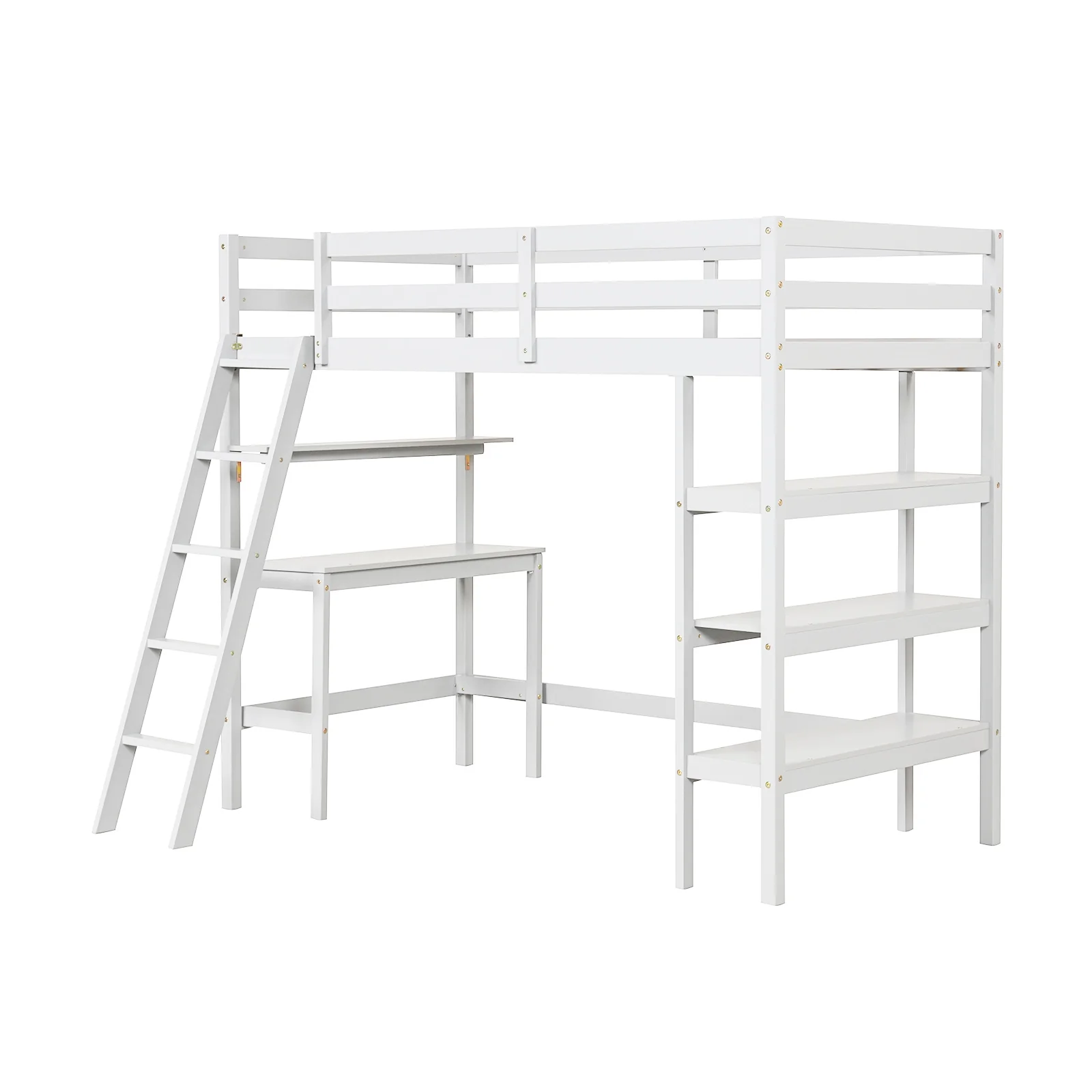 Twin Size Loft Bed With Desk, Bookshelves, White - Image 4