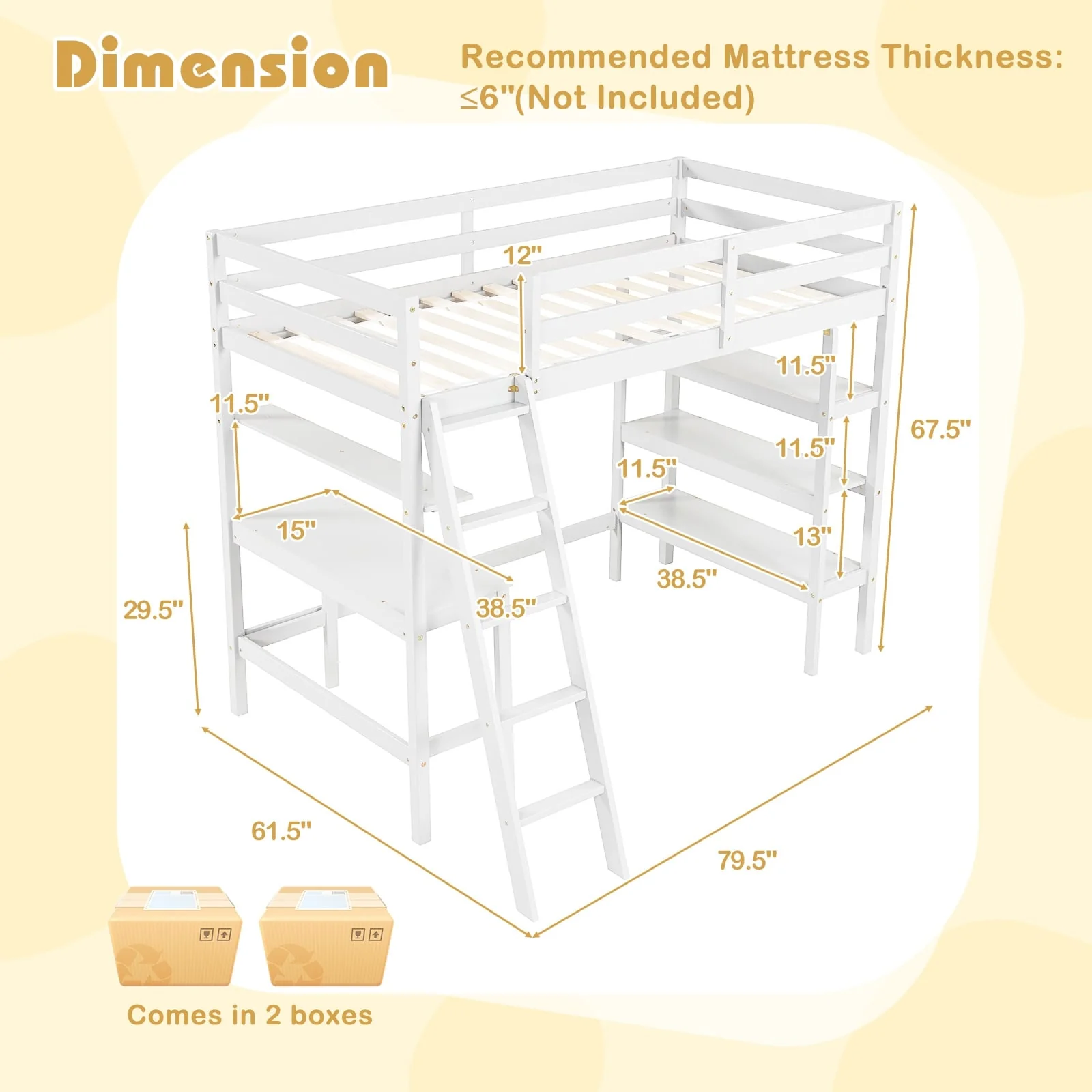 Twin Size Loft Bed With Desk, Bookshelves, White - Image 6