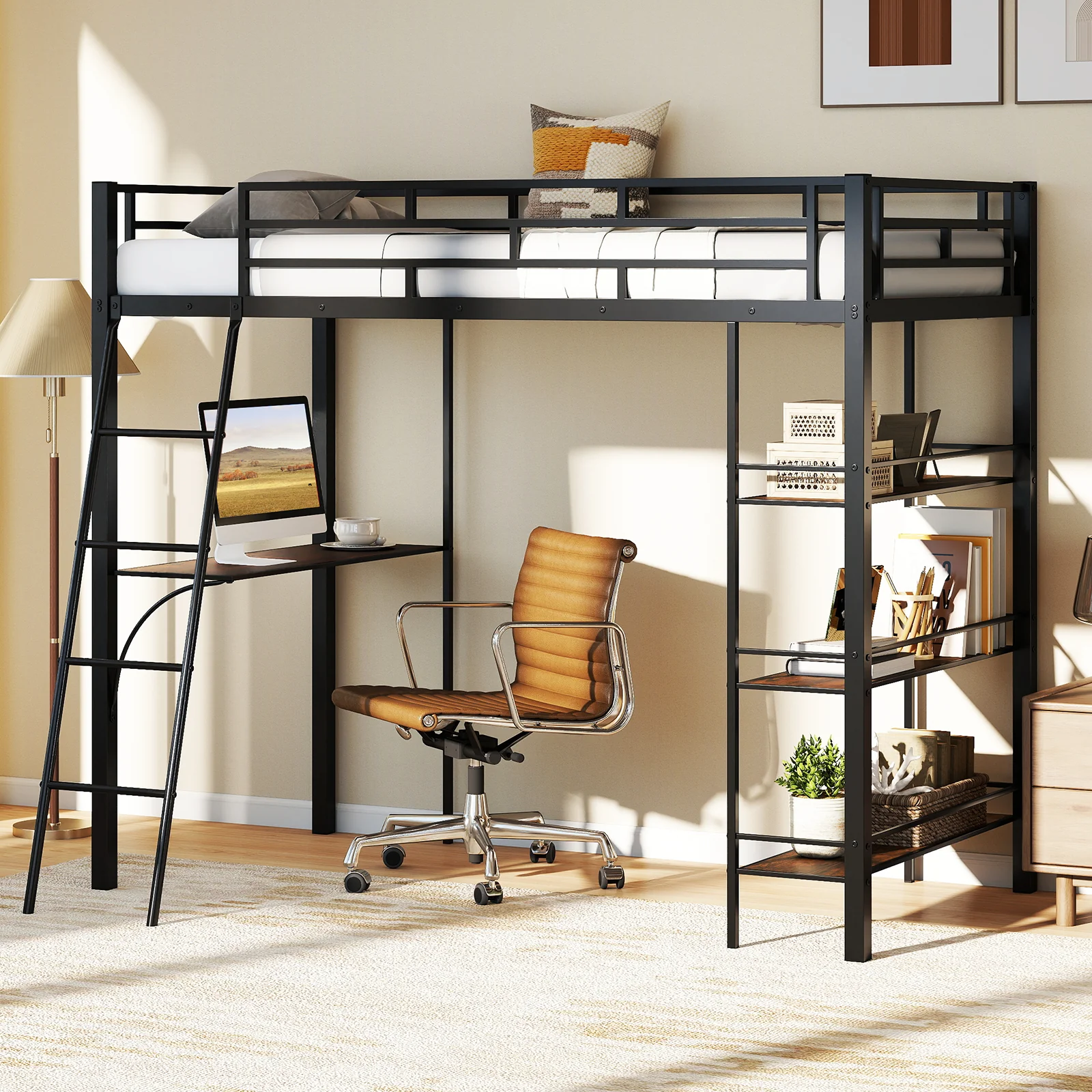 Twin Size Loft Bed With Desk, Shelves, Black - Image 3