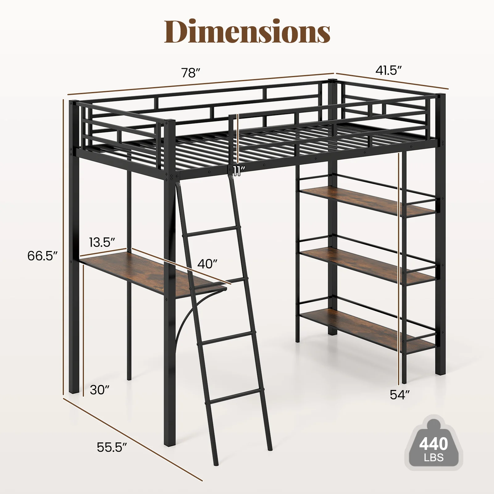 Twin Size Loft Bed With Desk, Shelves, Black - Image 5