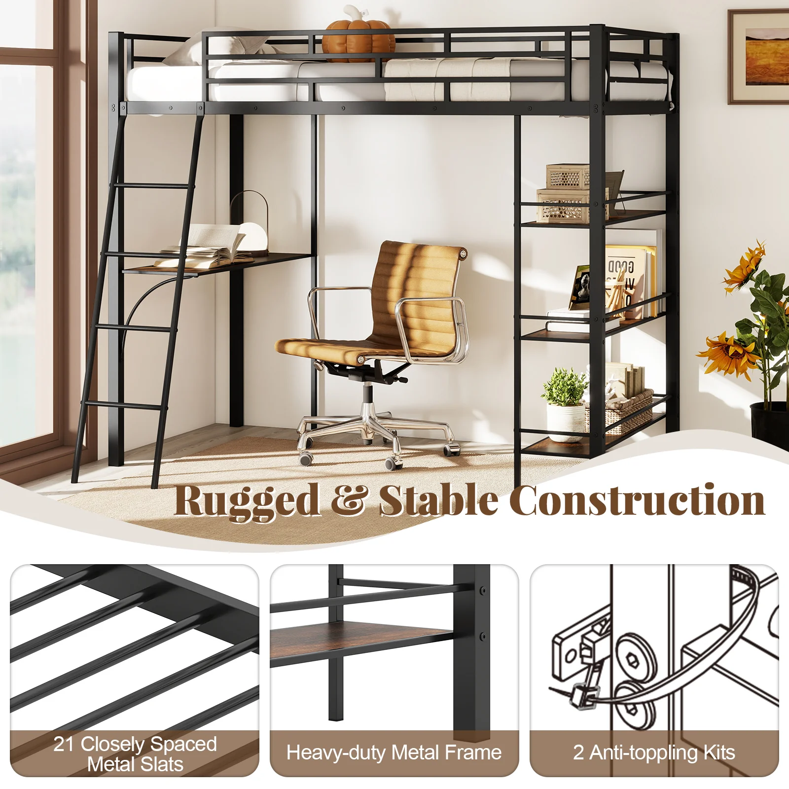 Twin Size Loft Bed With Desk, Shelves, Black - Image 7