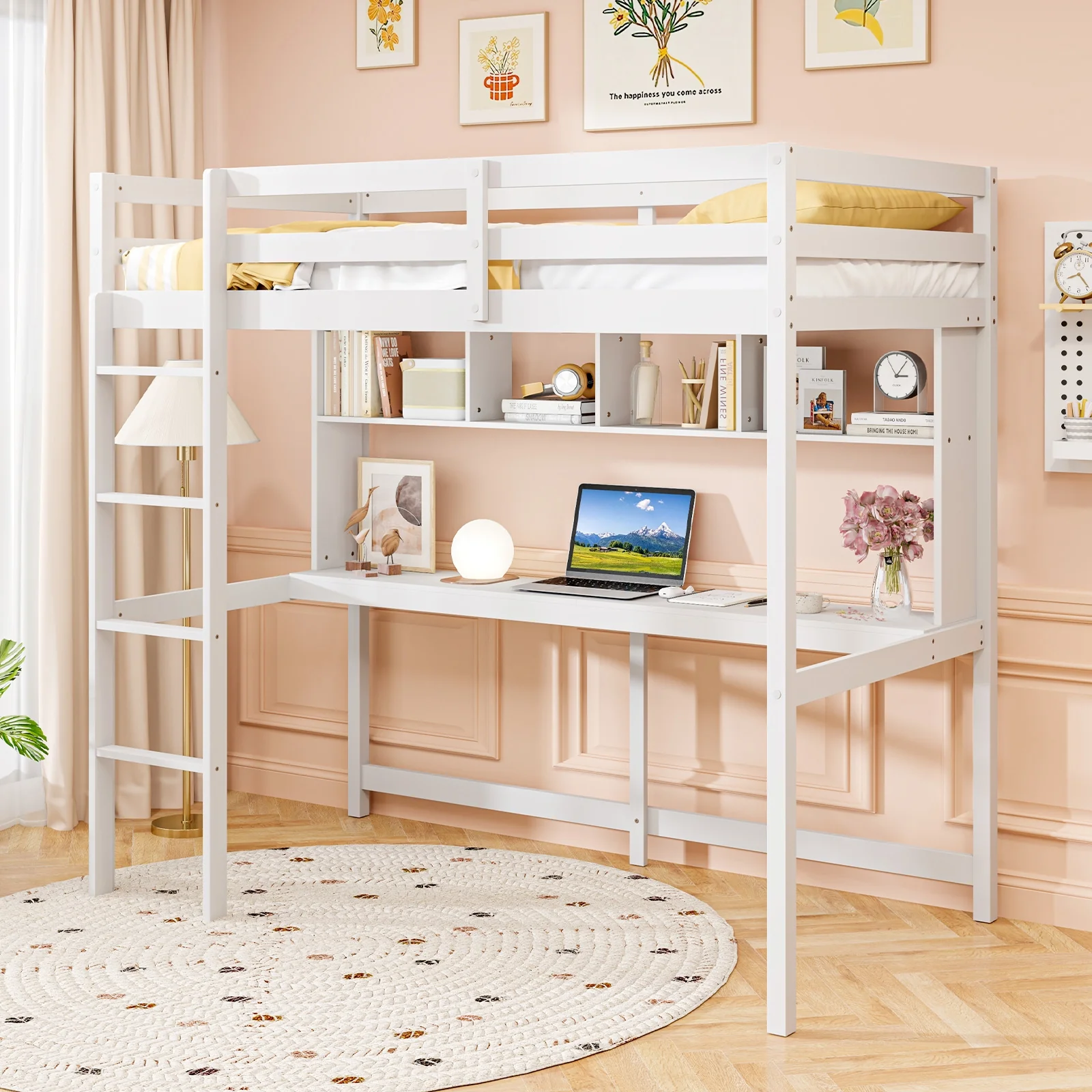 Twin Size Loft Bed With Desk, Shelves, White - Image 2