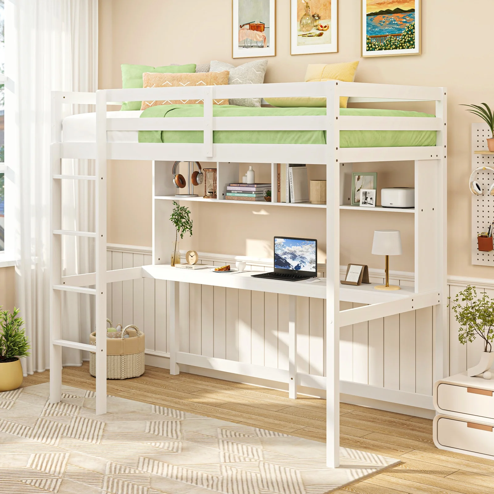 Twin Size Loft Bed With Desk, Shelves, White - Image 3