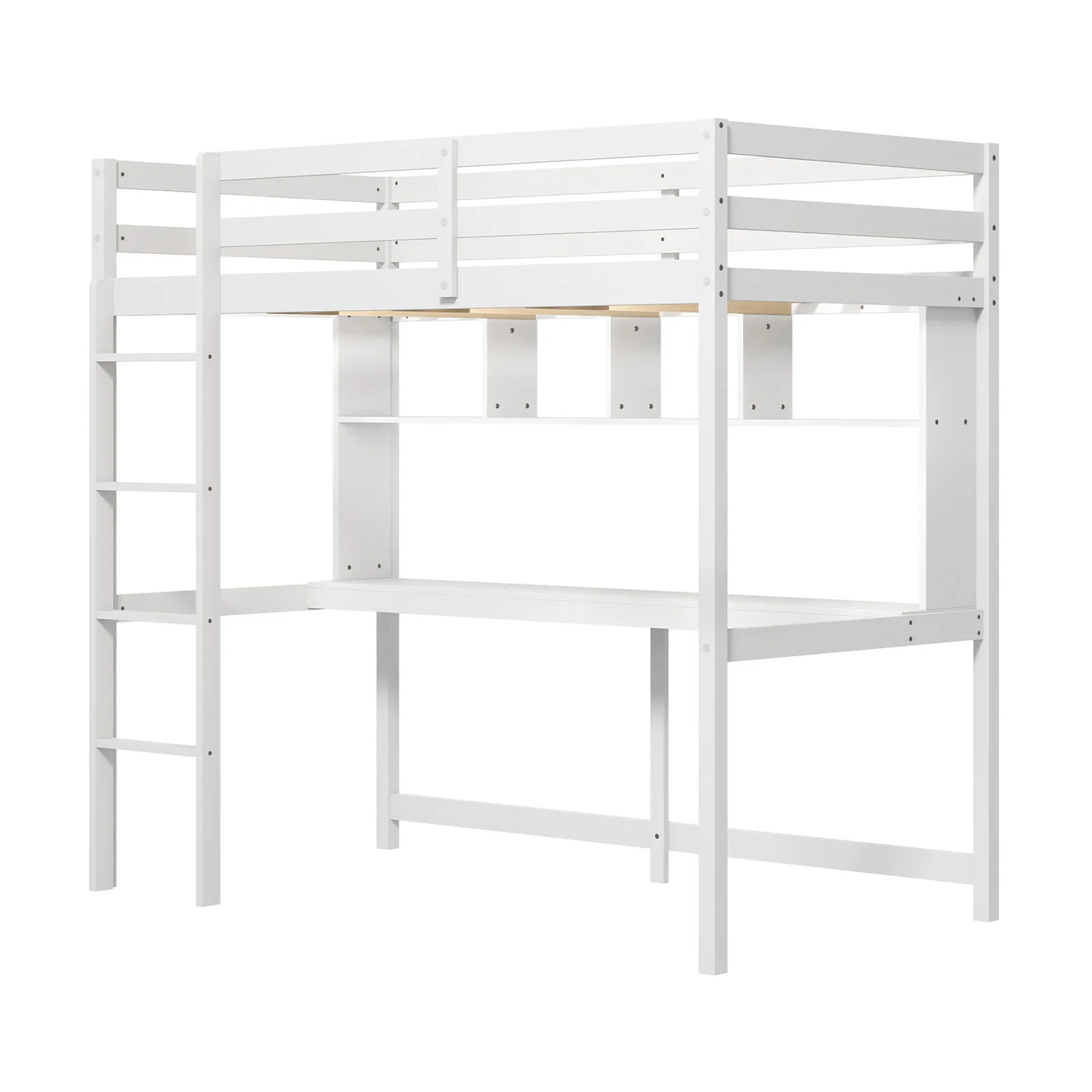 Twin Size Loft Bed With Desk, Shelves, White - Image 4
