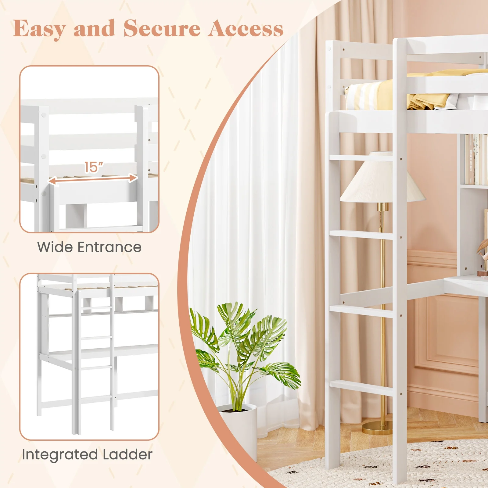 Twin Size Loft Bed With Desk, Shelves, White - Image 9