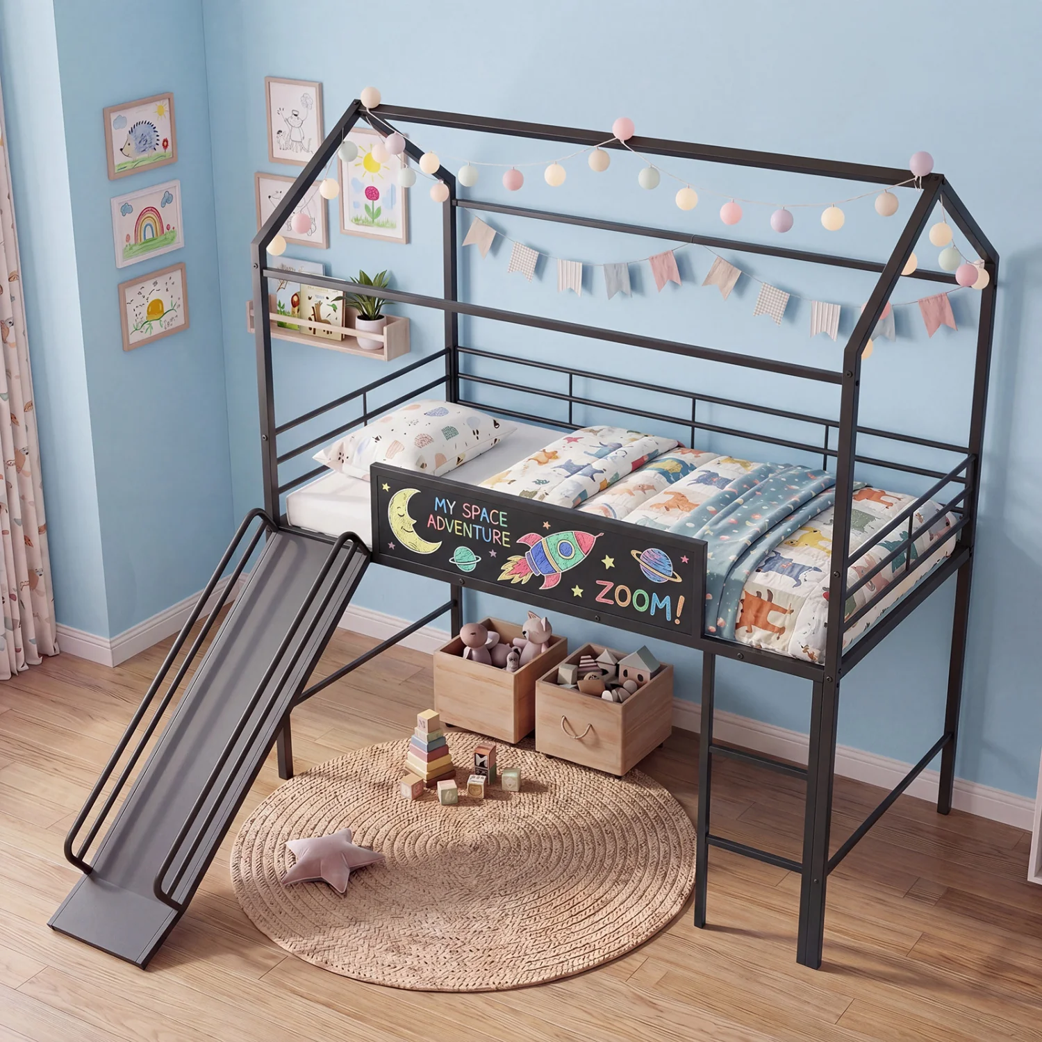 Twin Size Loft Bed With Ladder And Slide, Black - Image 3