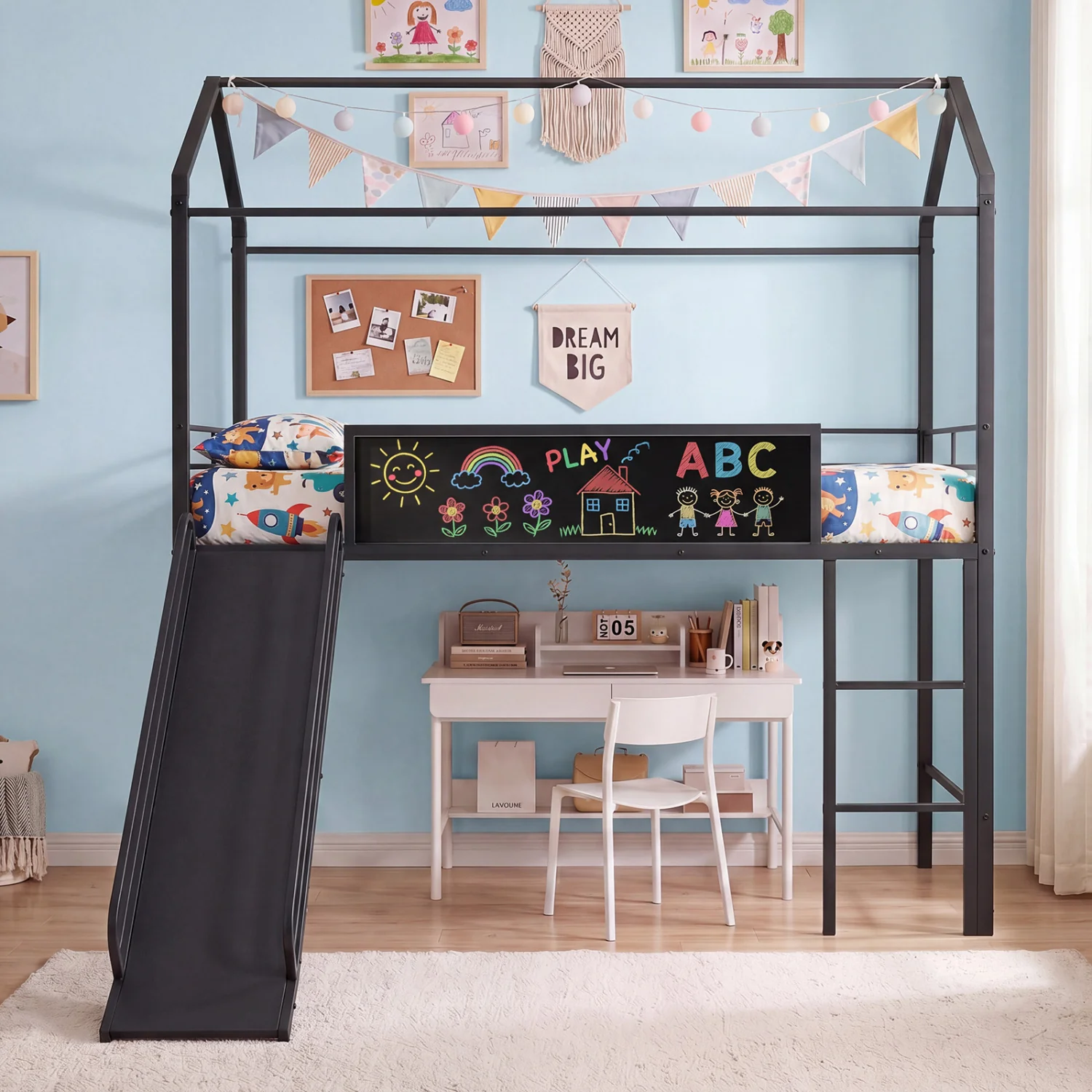 Twin Size Loft Bed With Ladder And Slide, Black - Image 5
