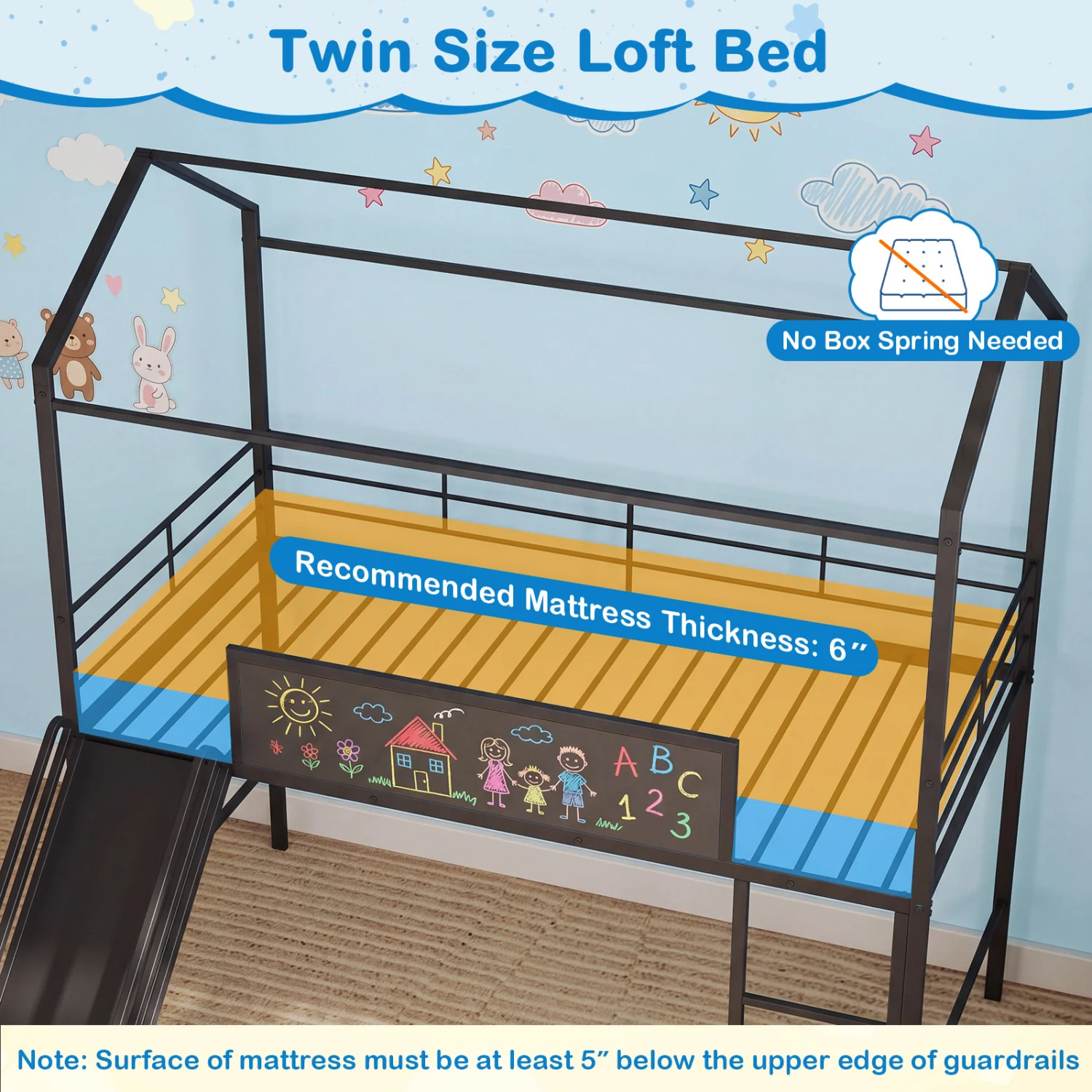 Twin Size Loft Bed With Ladder And Slide, Black - Image 6