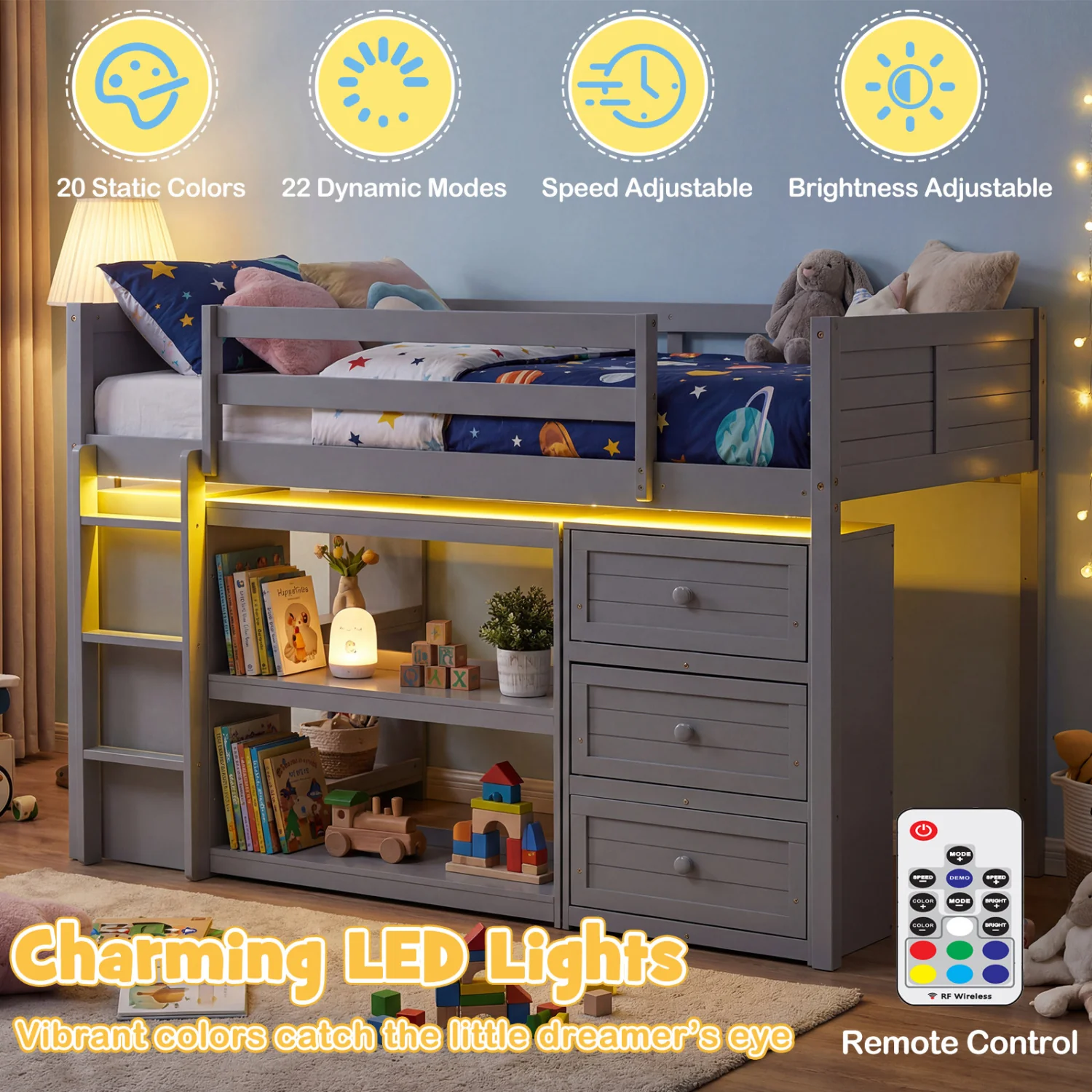 Twin Size Loft Bed with LED Lights and Underbed Space for Kids, Gray - Image 10
