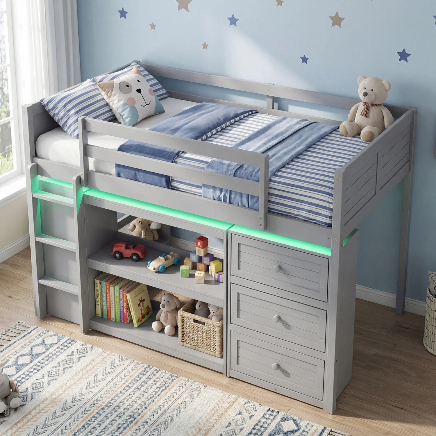 Twin Size Loft Bed with LED Lights and Underbed Space for Kids, Gray - Image 2