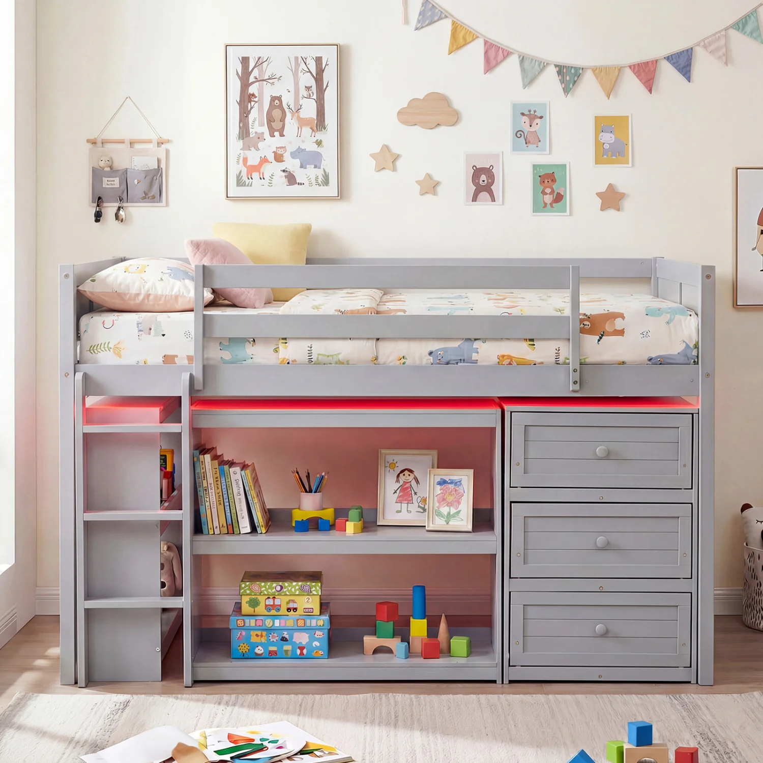 Twin Size Loft Bed with LED Lights and Underbed Space for Kids, Gray - Image 3