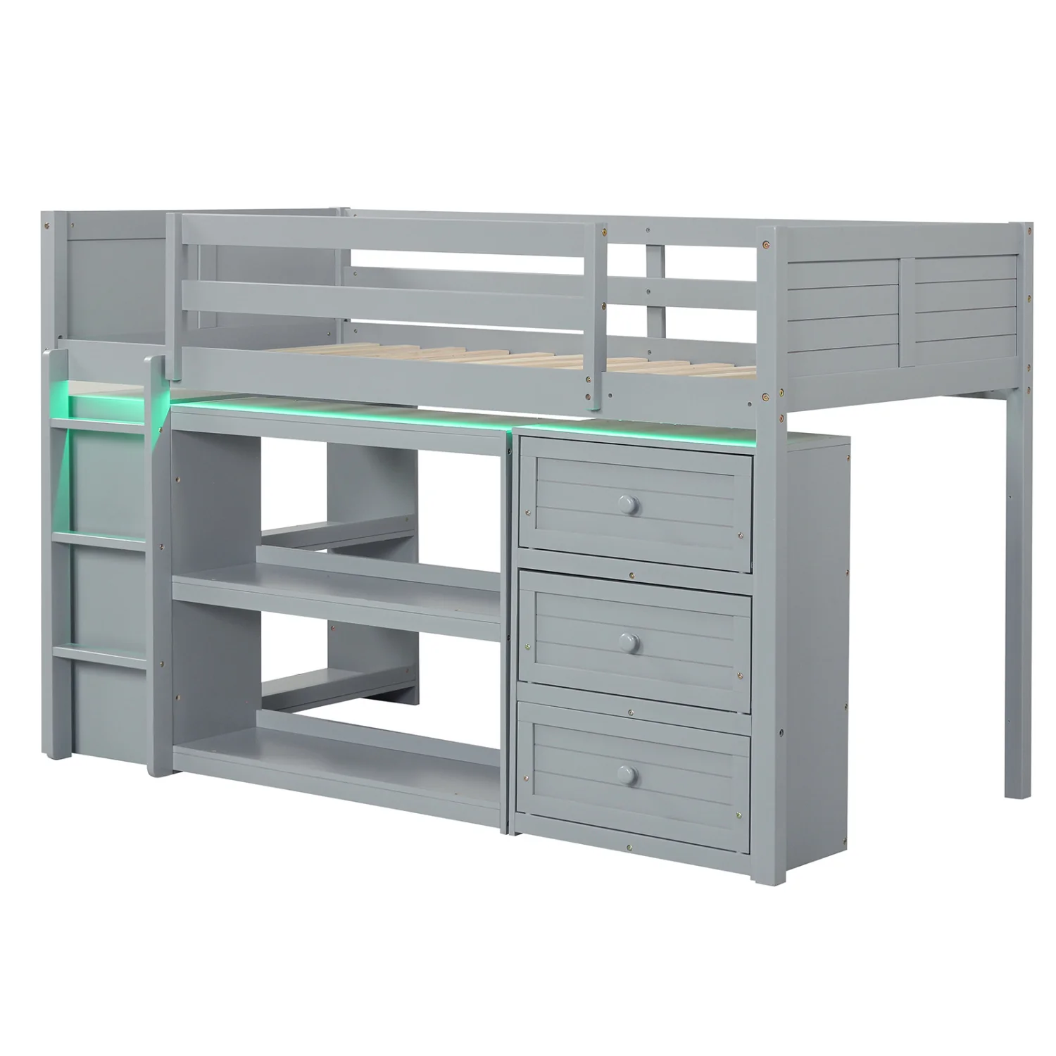 Twin Size Loft Bed with LED Lights and Underbed Space for Kids, Gray - Image 4