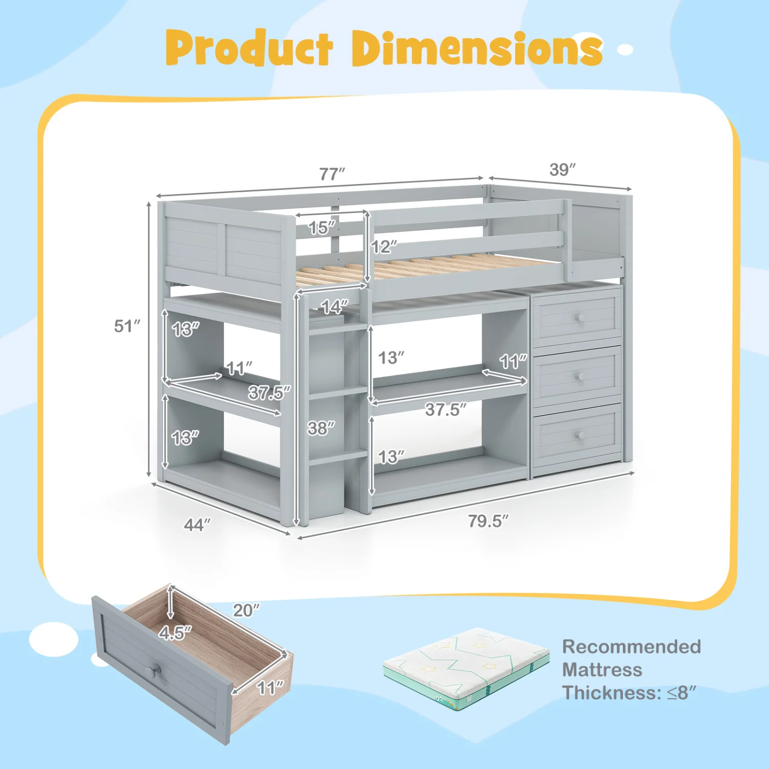 Twin Size Loft Bed with LED Lights and Underbed Space for Kids, Gray - Image 5