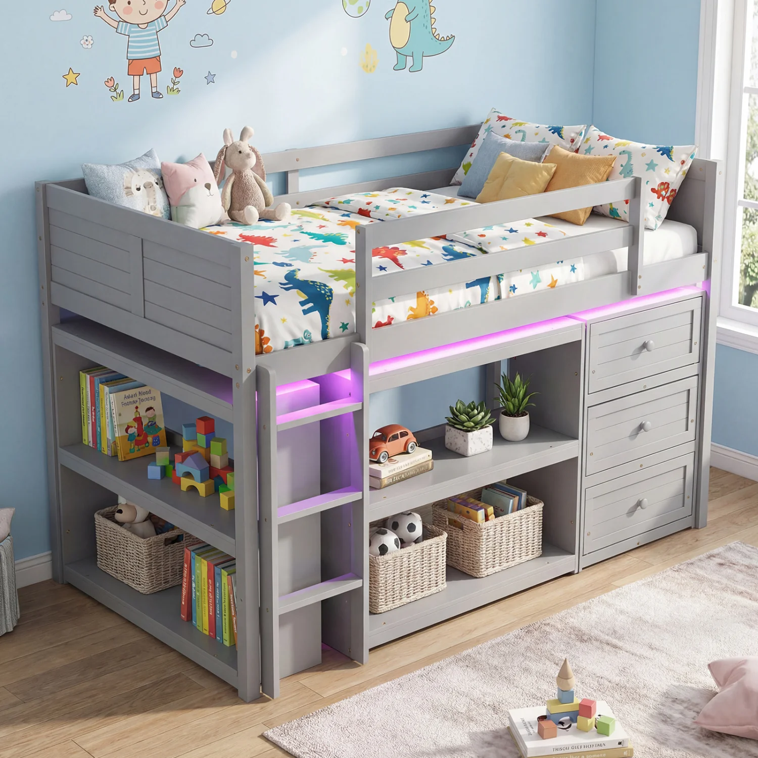 Twin Size Loft Bed with LED Lights and Underbed Space for Kids, Gray - Image 6