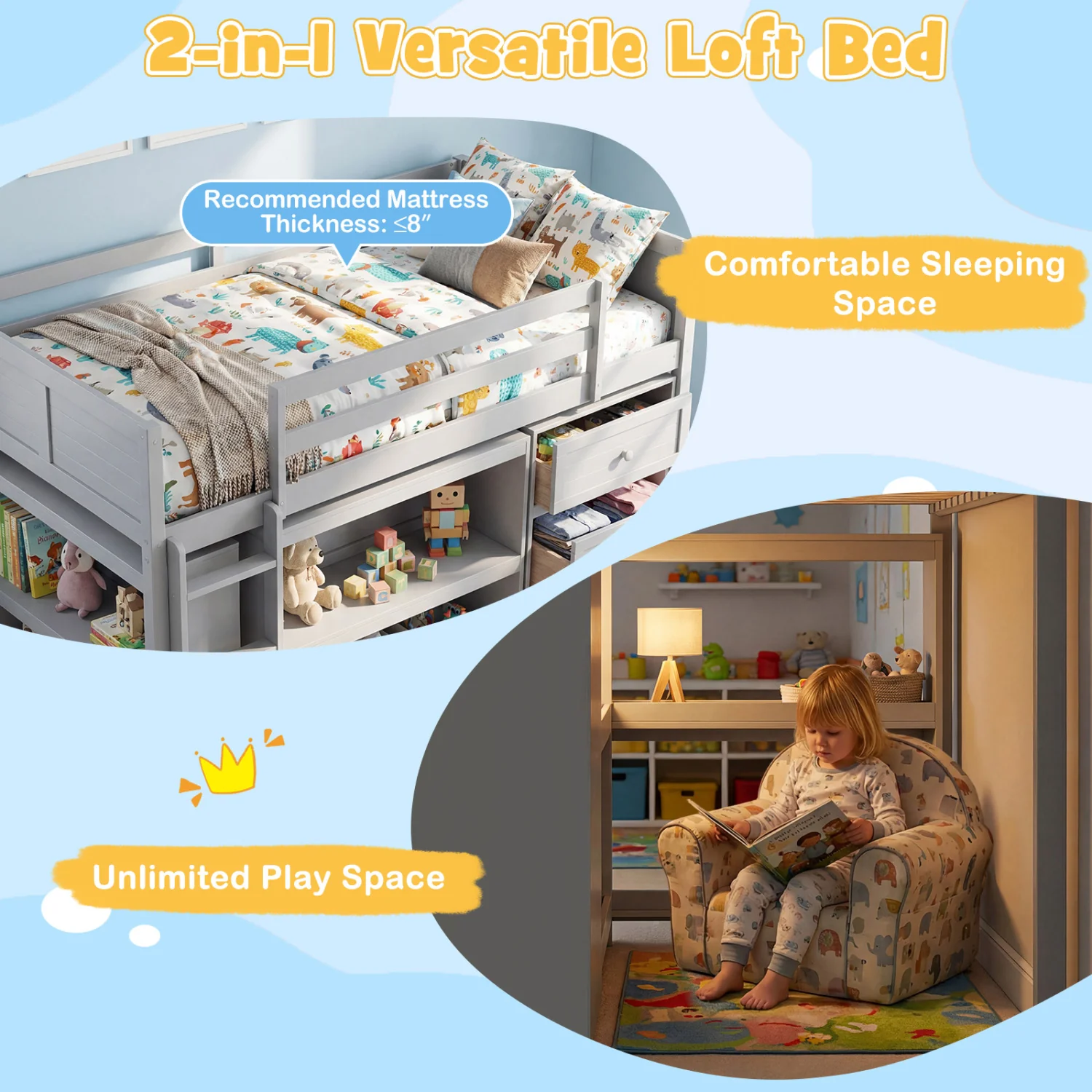 Twin Size Loft Bed with LED Lights and Underbed Space for Kids, Gray - Image 8
