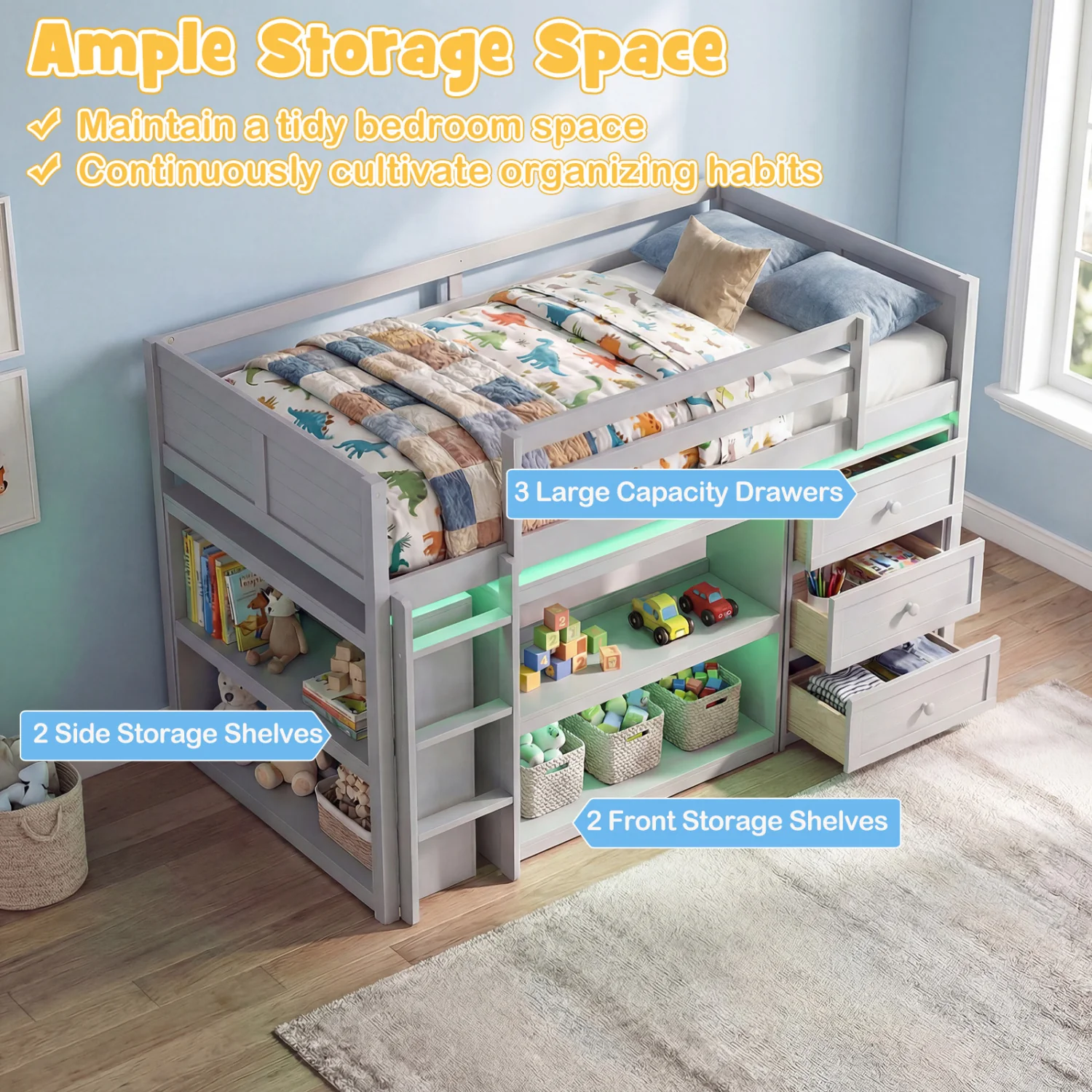 Twin Size Loft Bed with LED Lights and Underbed Space for Kids, Gray - Image 9