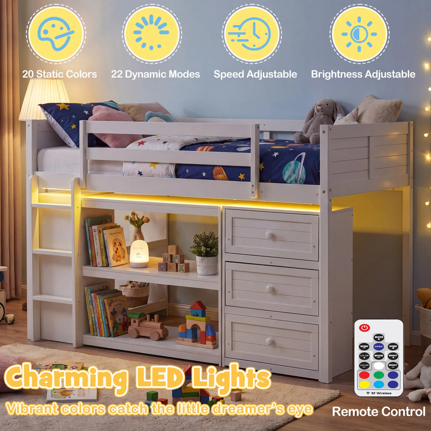 Twin Size Loft Bed with LED Lights and Underbed Space for Kids, White - Image 10