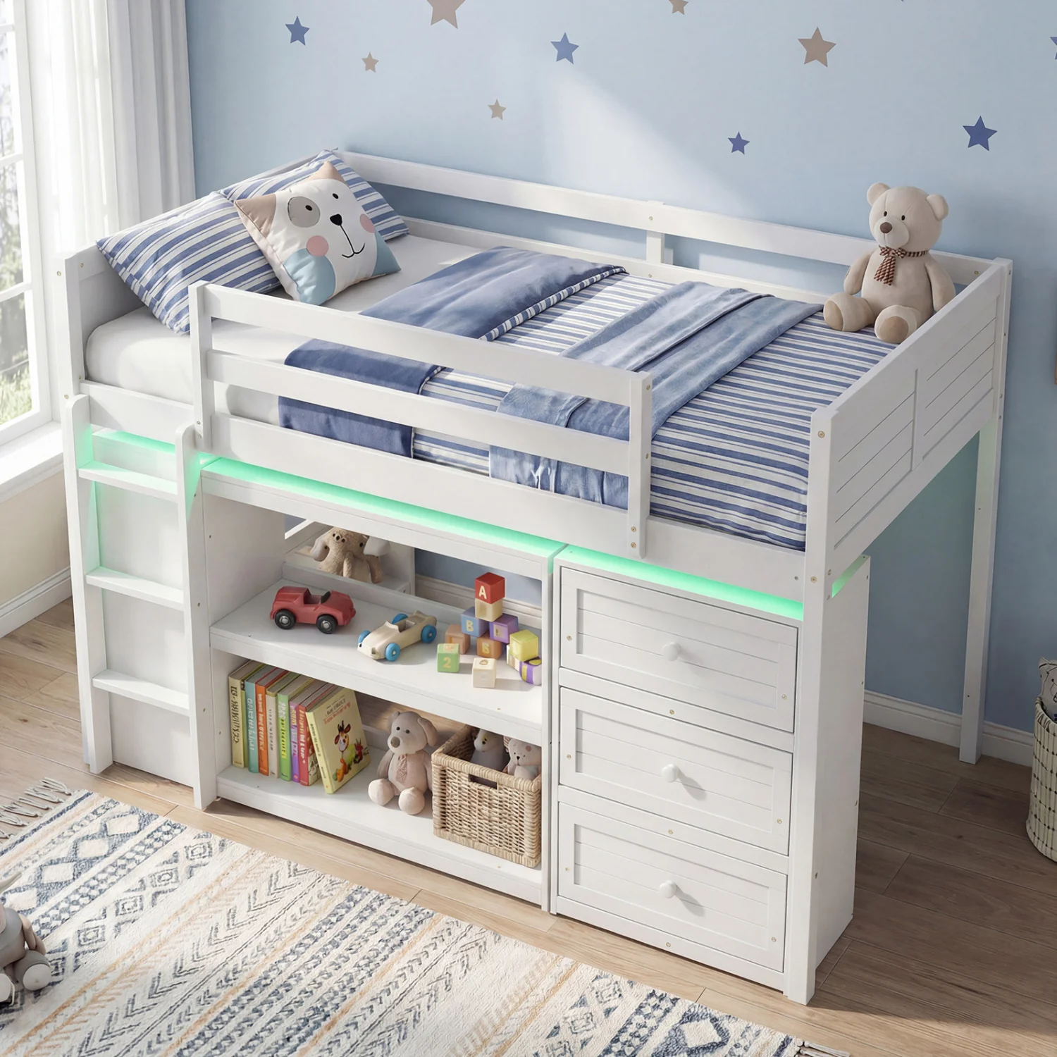 Twin Size Loft Bed with LED Lights and Underbed Space for Kids, White - Image 2