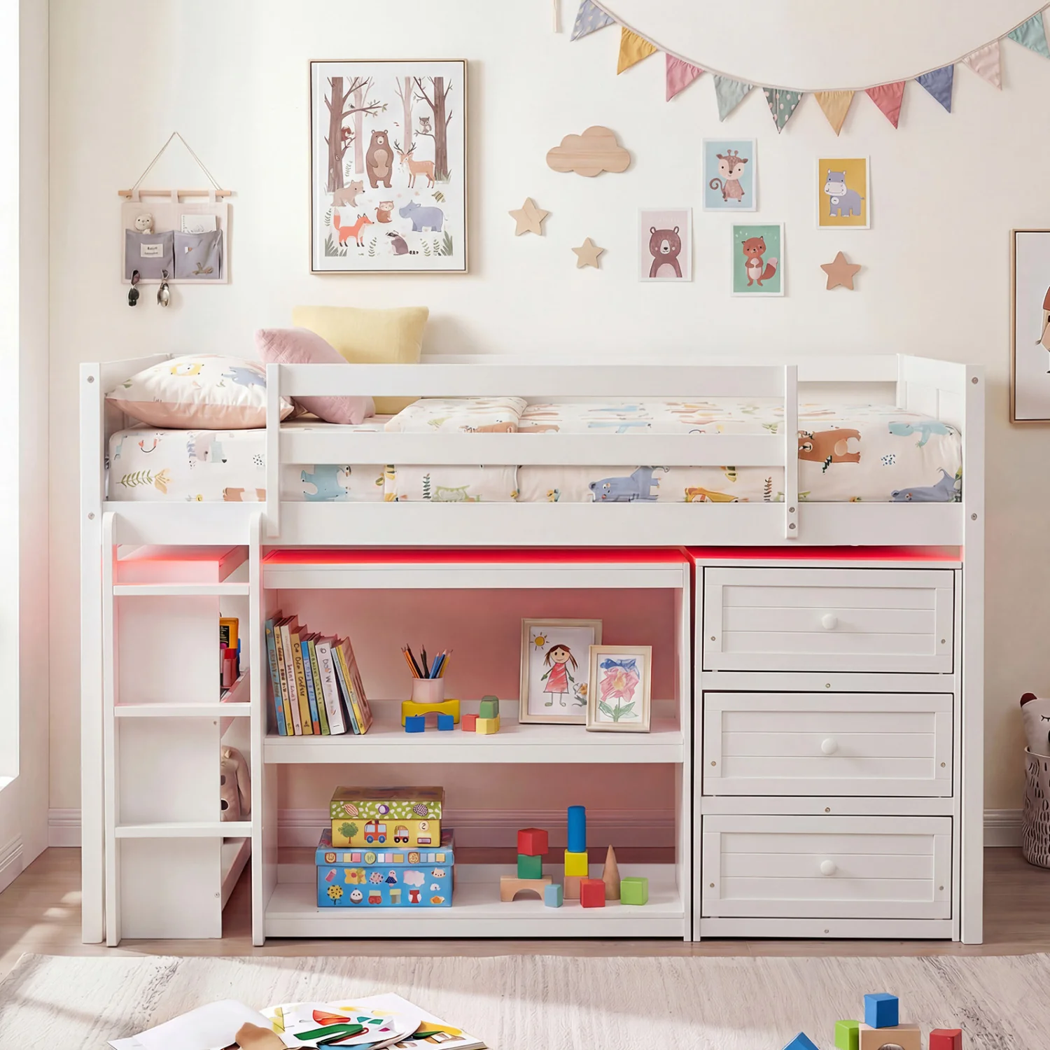 Twin Size Loft Bed with LED Lights and Underbed Space for Kids, White - Image 3