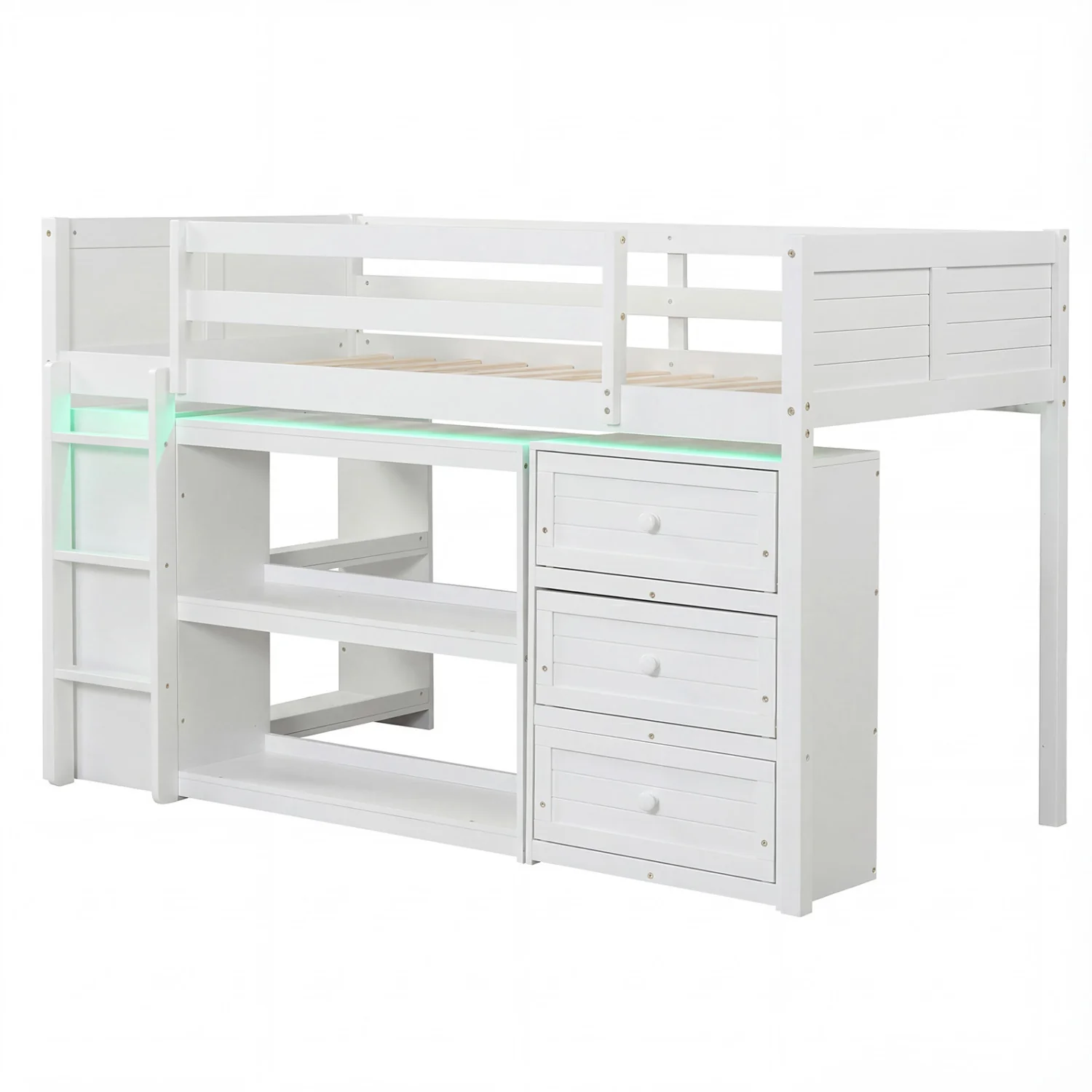 Twin Size Loft Bed with LED Lights and Underbed Space for Kids, White - Image 4