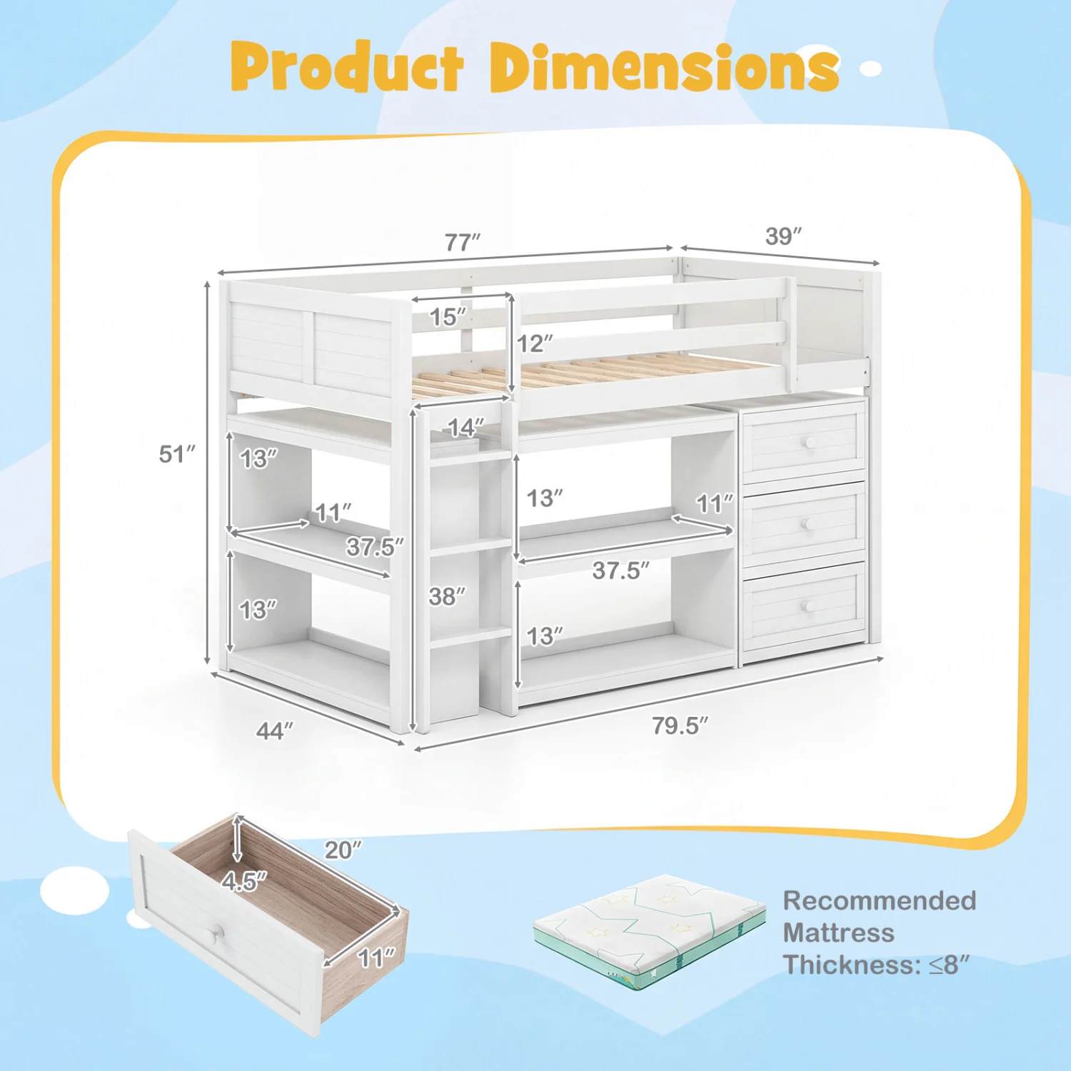Twin Size Loft Bed with LED Lights and Underbed Space for Kids, White - Image 5