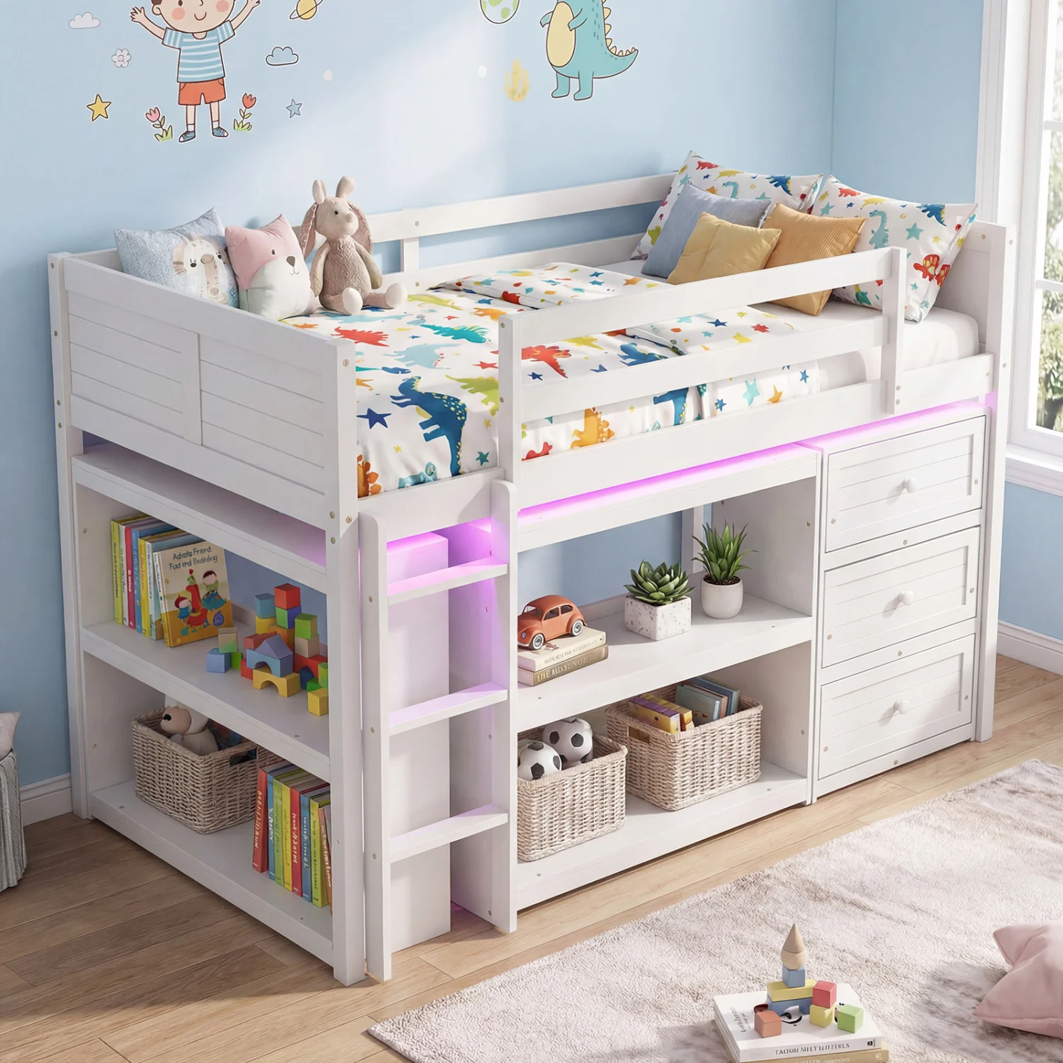 Twin Size Loft Bed with LED Lights and Underbed Space for Kids, White - Image 6