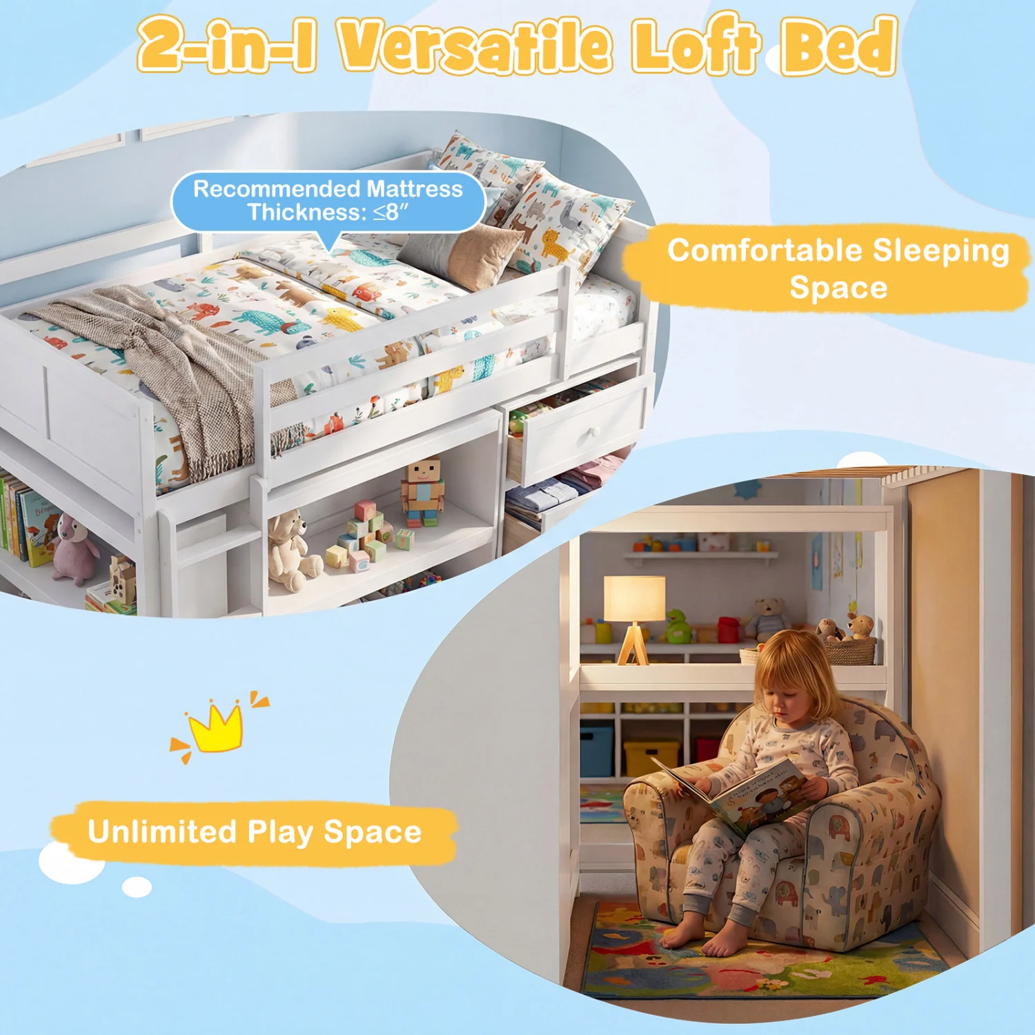 Twin Size Loft Bed with LED Lights and Underbed Space for Kids, White - Image 8