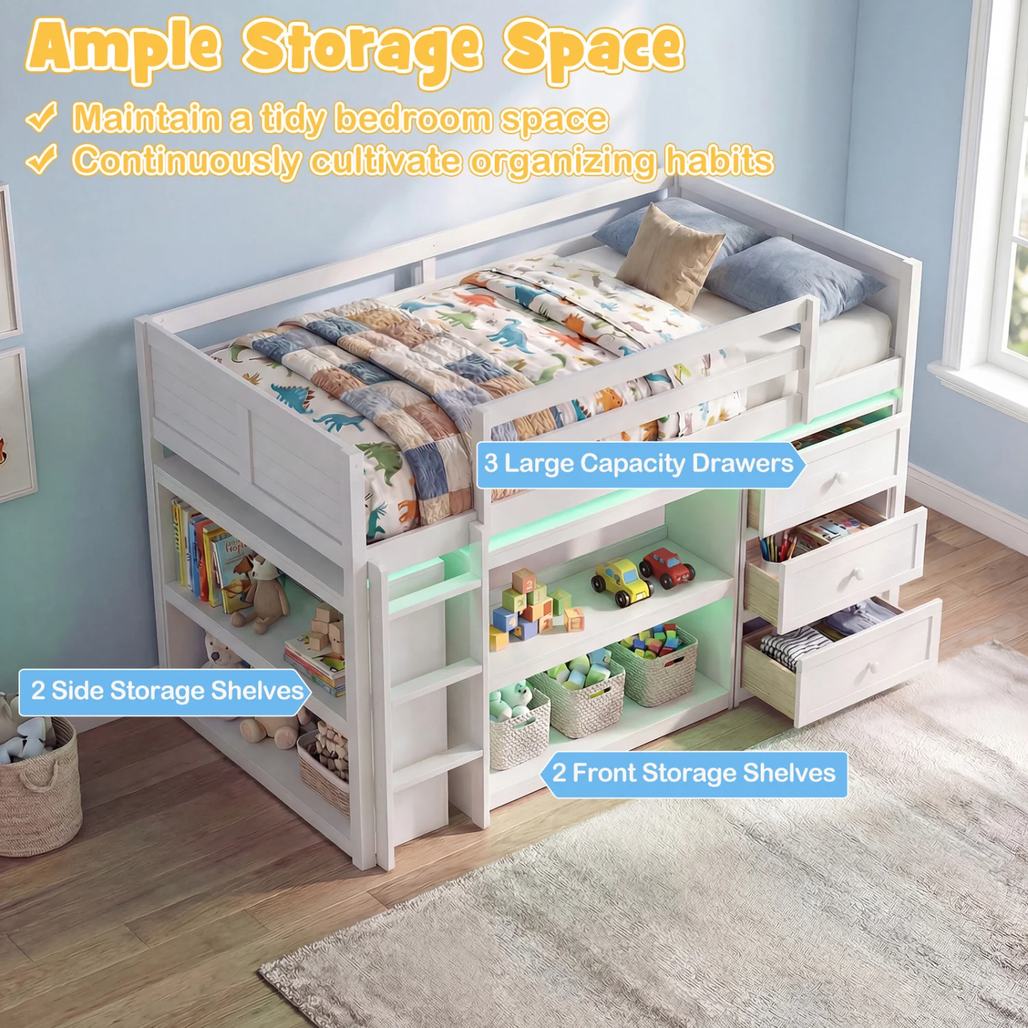 Twin Size Loft Bed with LED Lights and Underbed Space for Kids, White - Image 9