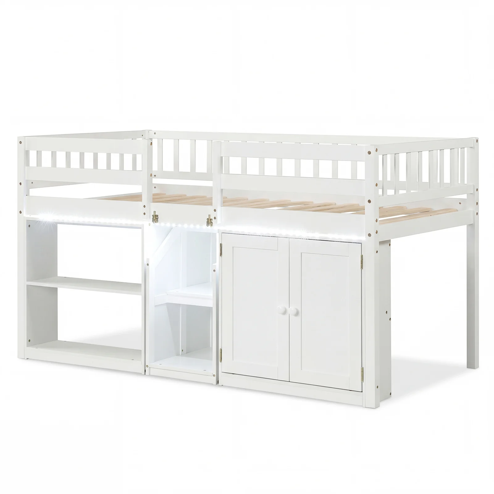 Twin Size Loft Bed With LED Lights, Kids Wooden Bed Frame, White