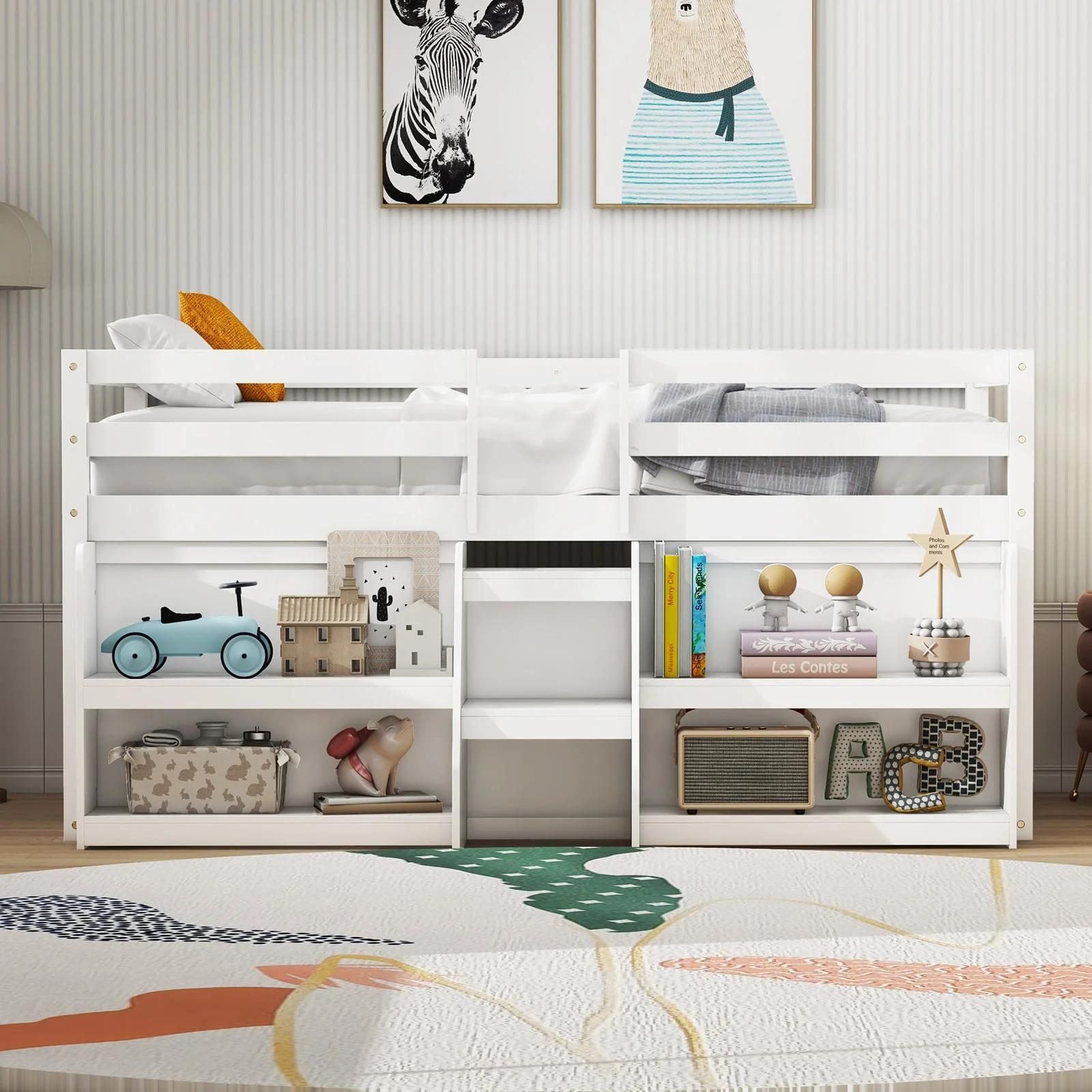Twin Size Loft Bed With LED Lights, Staircase, Safety Guardrail, White - Image 3