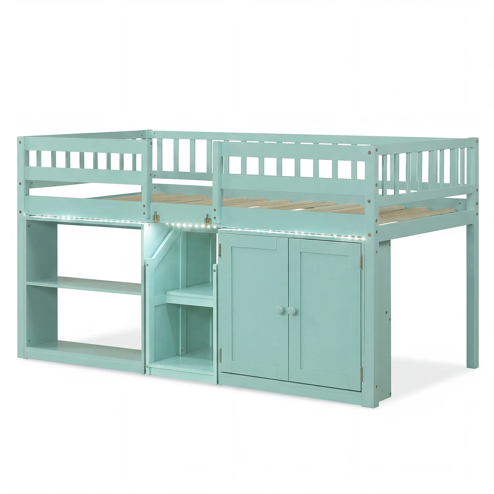 Twin Size Loft Bed With LED Lights, Wooden Bed Frame, Green
