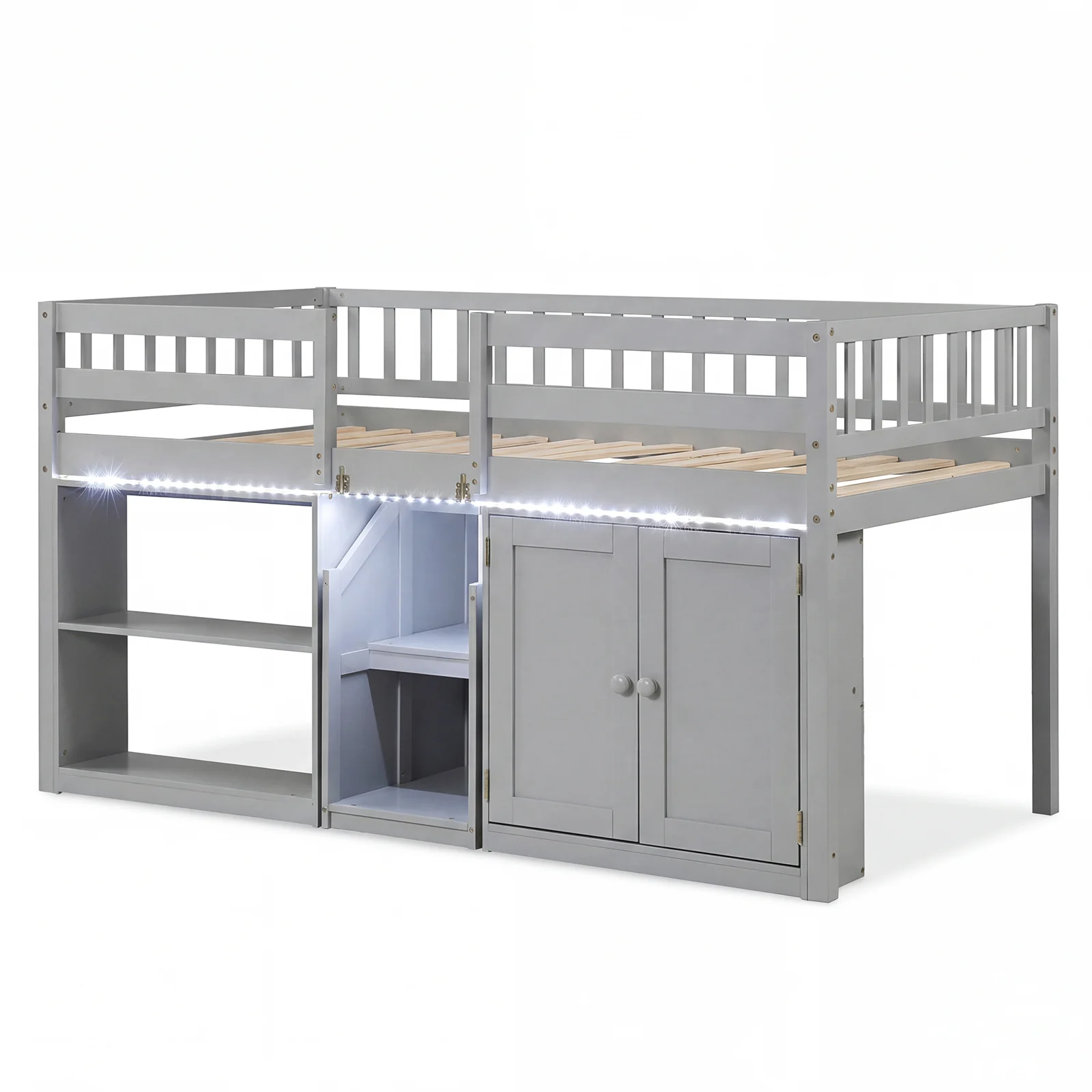 Twin Size Loft Bed With LED Lights, Wooden Frame, Gray - Image 2