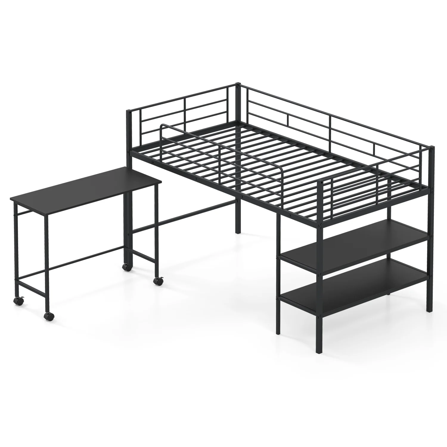 Twin Size Loft Bed with Rolling Desk, Bookshelf, Black