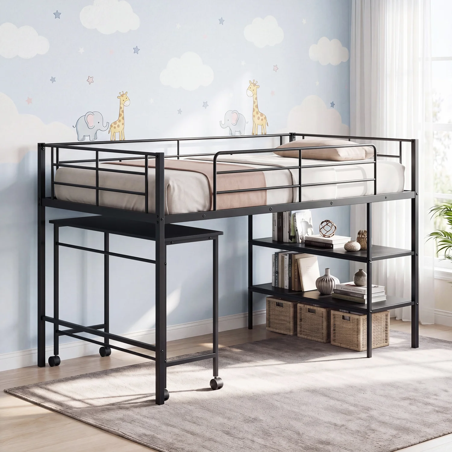 Twin Size Loft Bed with Rolling Desk, Bookshelf, Black - Image 2