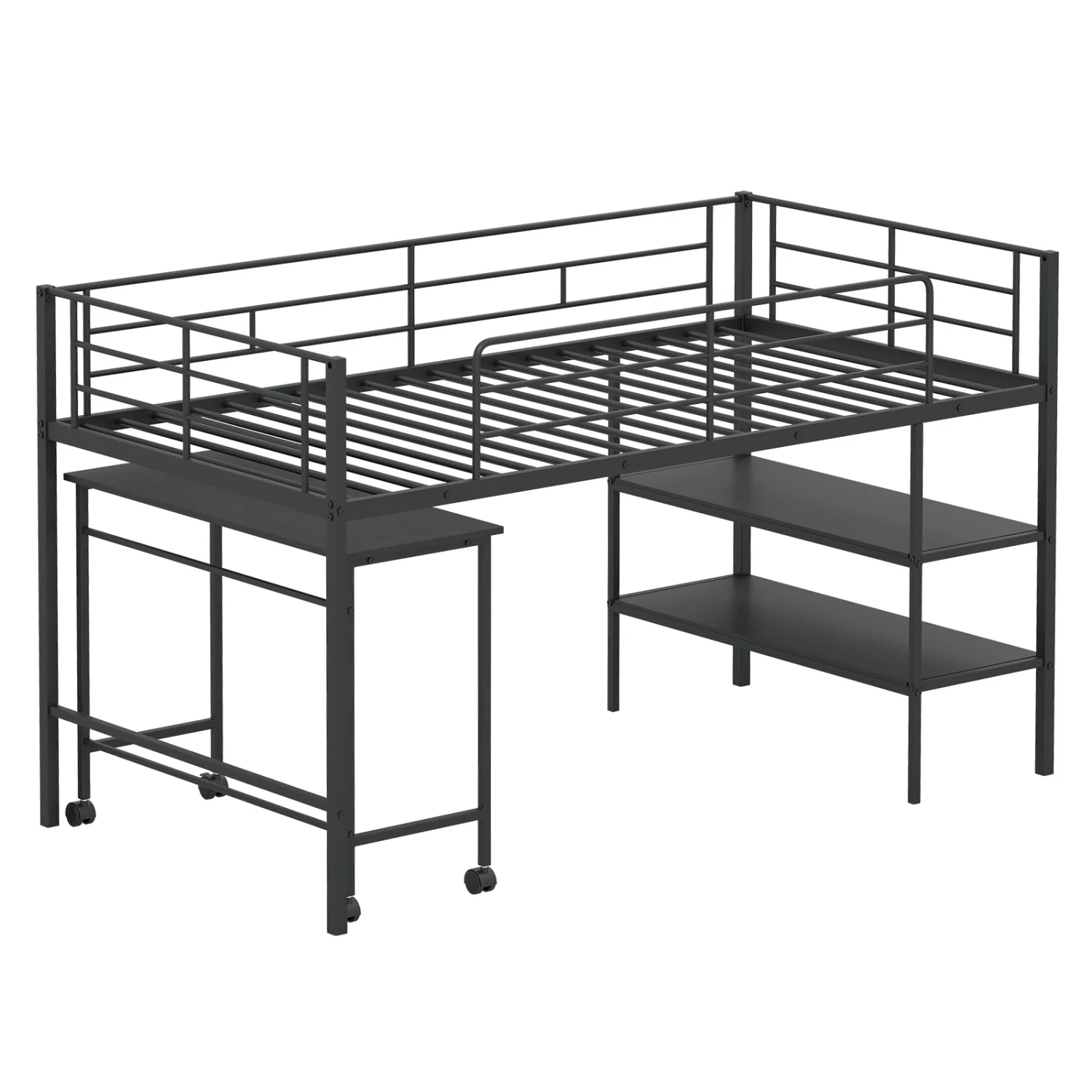 Twin Size Loft Bed with Rolling Desk, Bookshelf, Black - Image 4