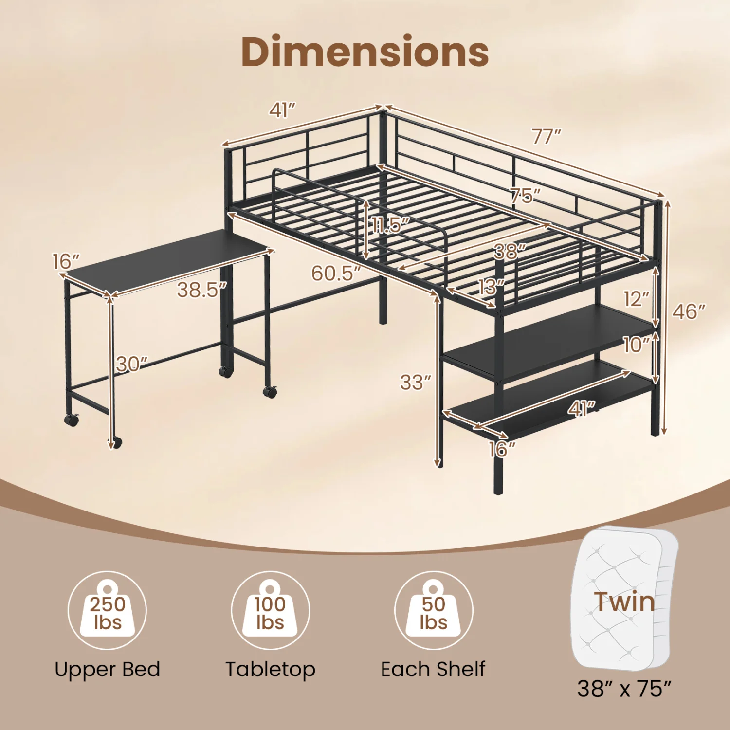 Twin Size Loft Bed with Rolling Desk, Bookshelf, Black - Image 5