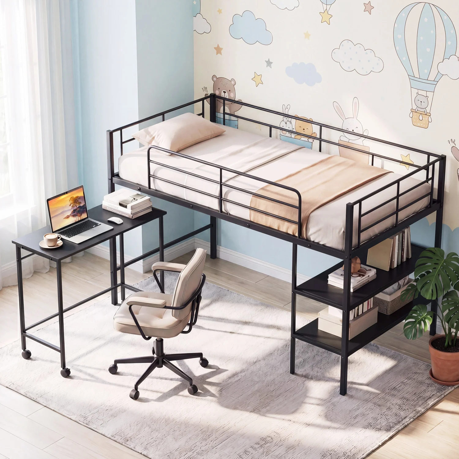 Twin Size Loft Bed with Rolling Desk, Bookshelf, Black - Image 6