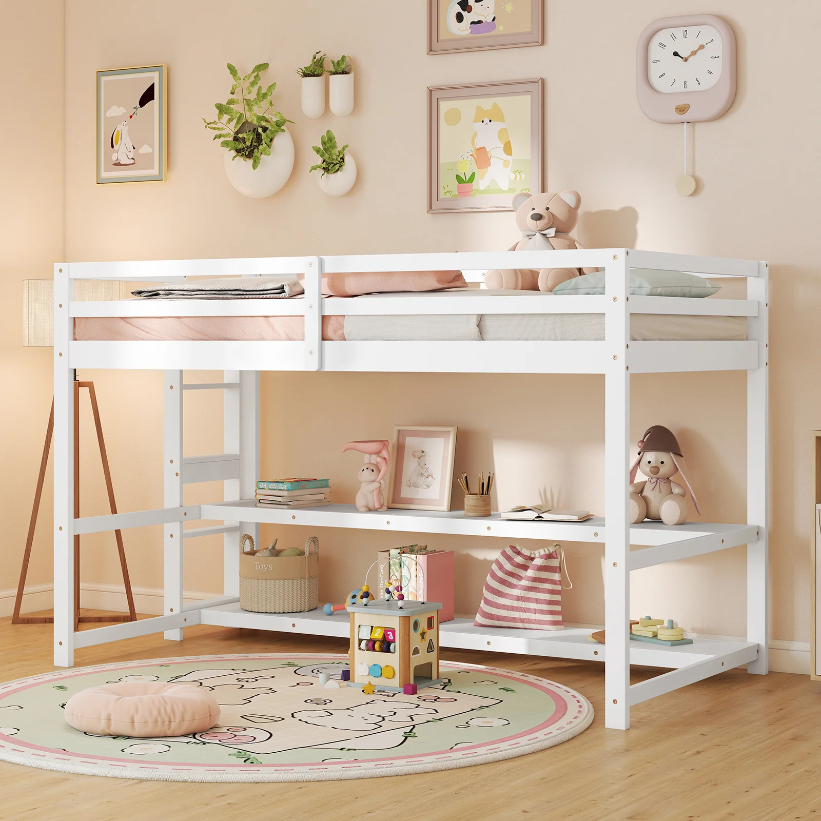Twin Size Loft Bed With Storage Shelves, White - Image 2