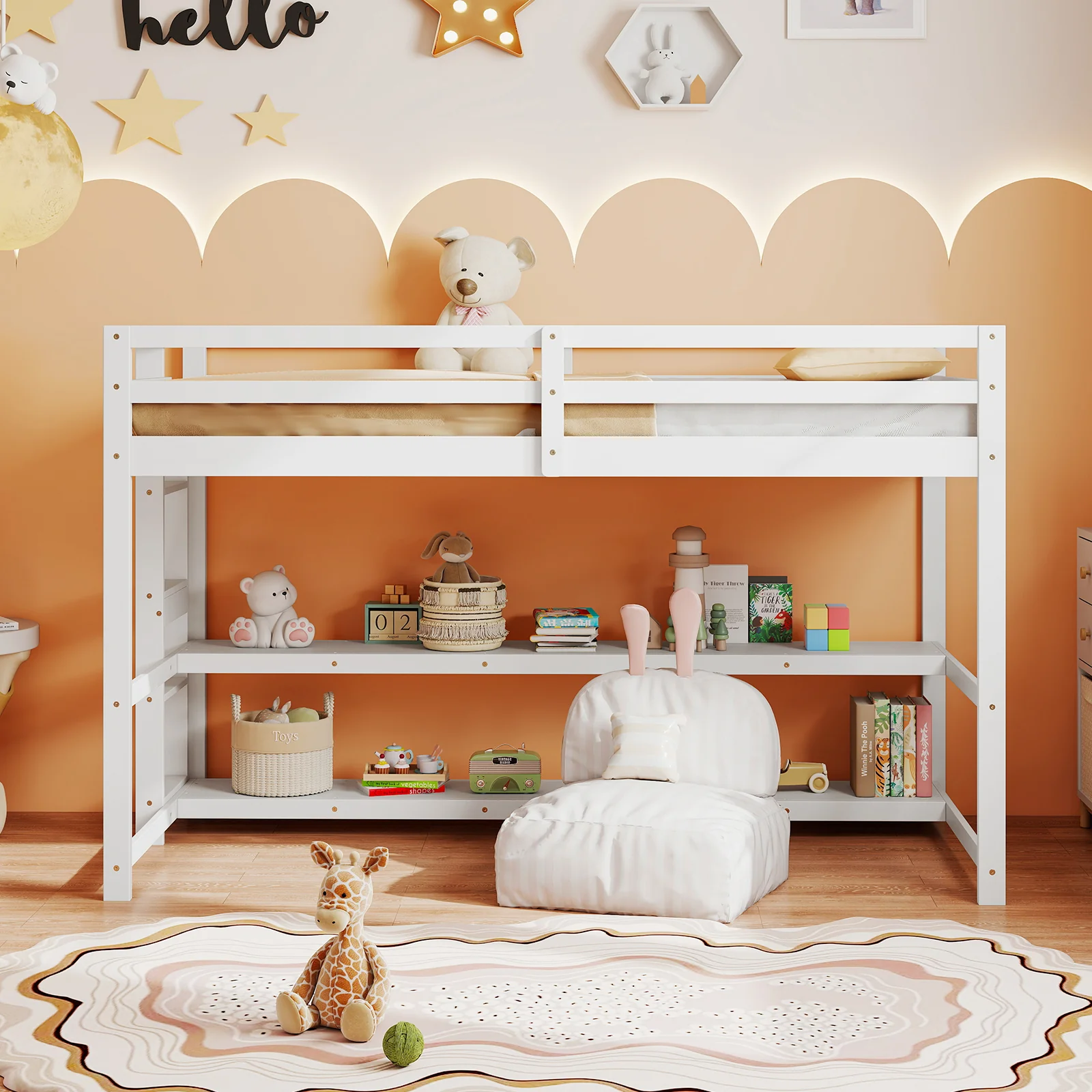 Twin Size Loft Bed With Storage Shelves, White - Image 3